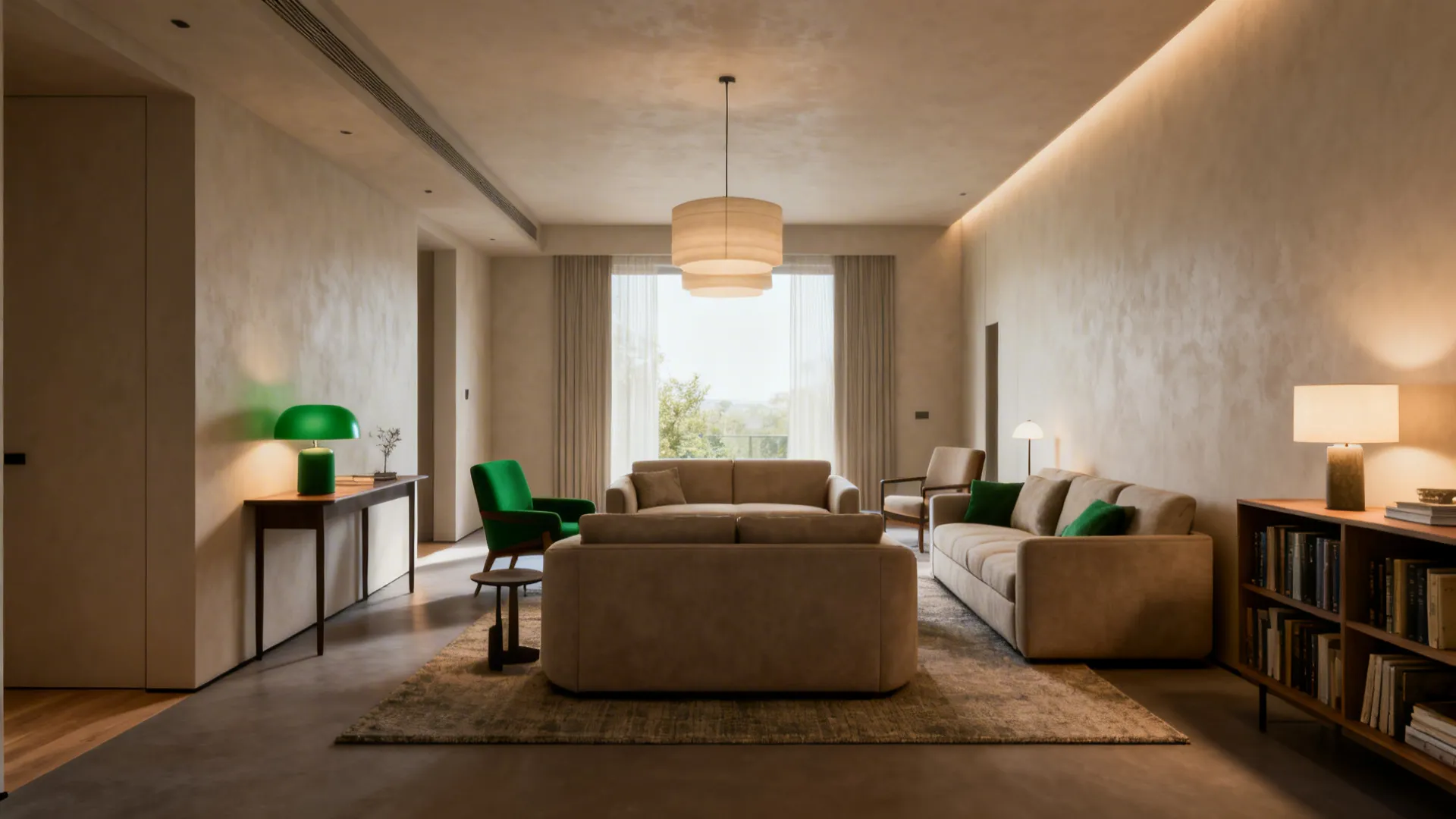 Minimalist living room featuring beige sofas green armchair and round ceiling light with large windows