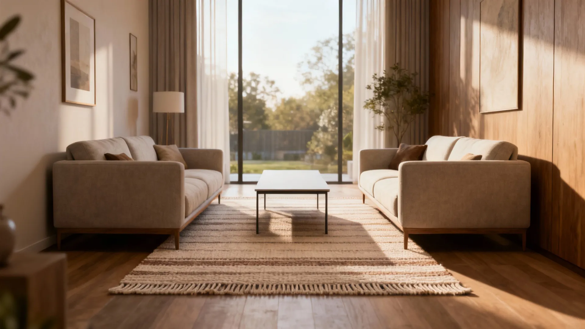 Pair of loveseats facing each other with a slim coffee table anchoring a conversation zone in a narrow living room.