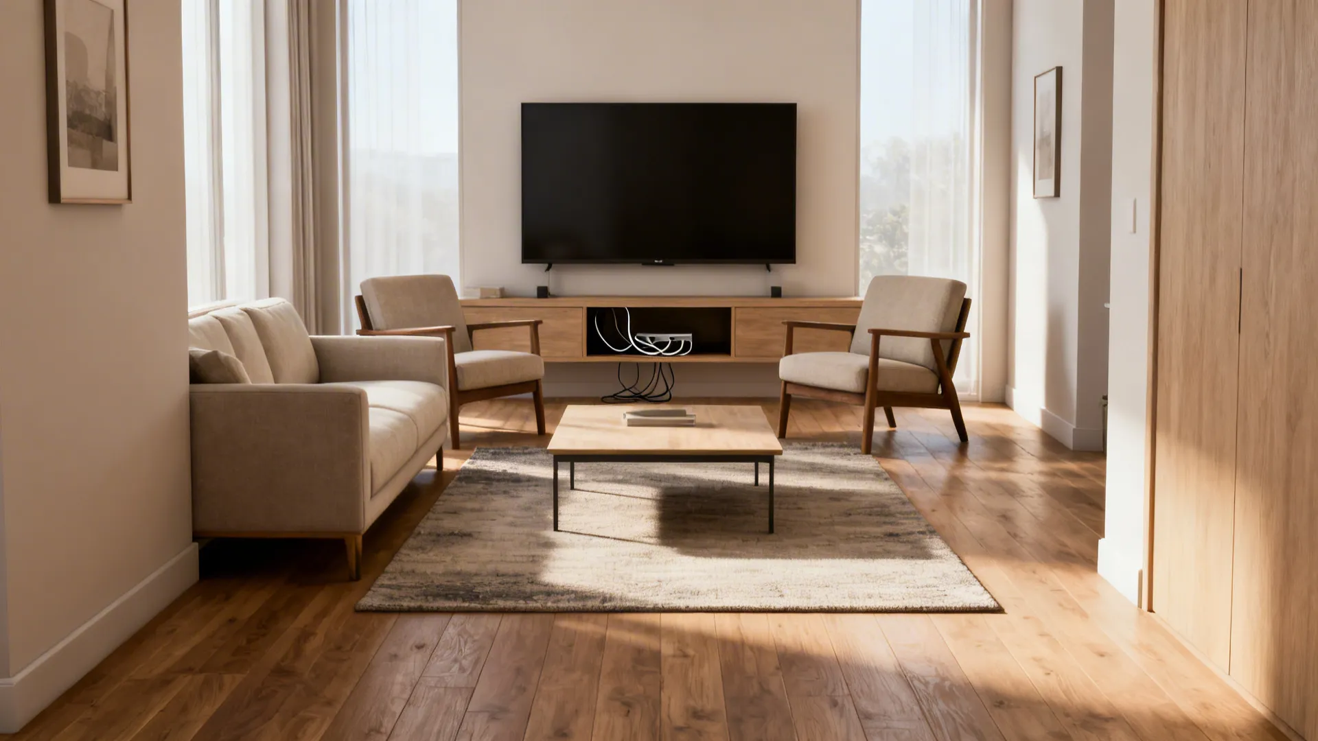 Central conversation area in a narrow living room with sofa, chairs, coffee table and clear side circulation.