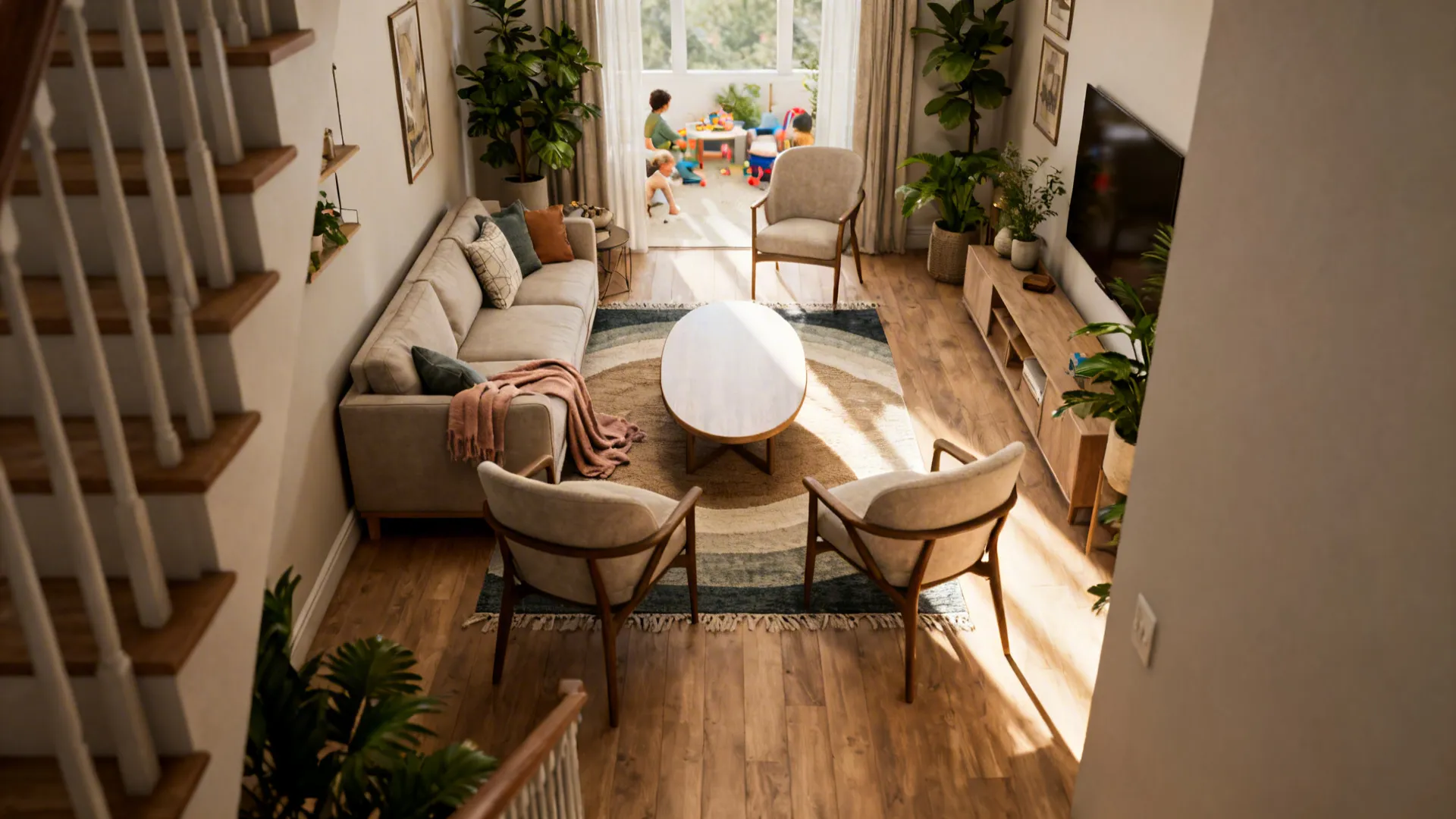 Living room interior with beige sofa two armchairs oval coffee table wooden floor and plants
