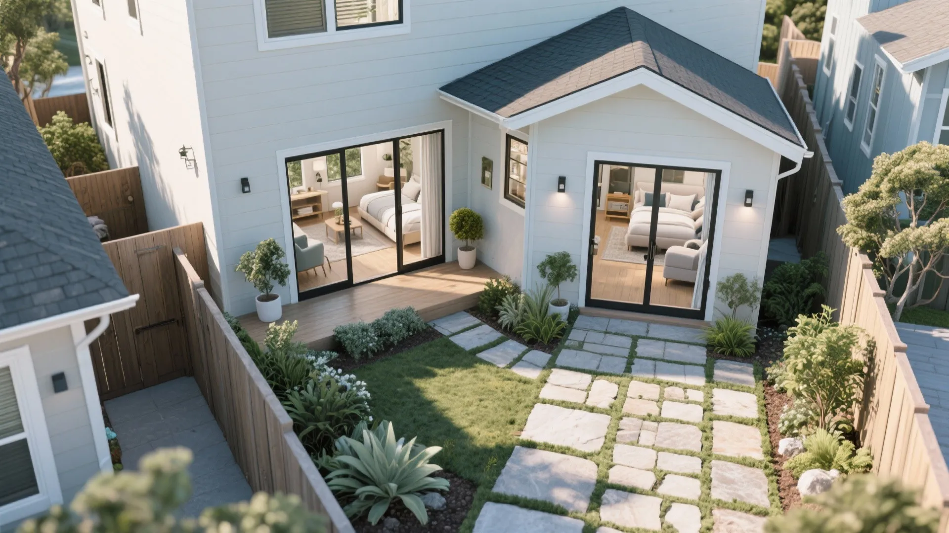 Small planted central courtyard bringing daylight into bedrooms and living areas in a narrow single-story home.