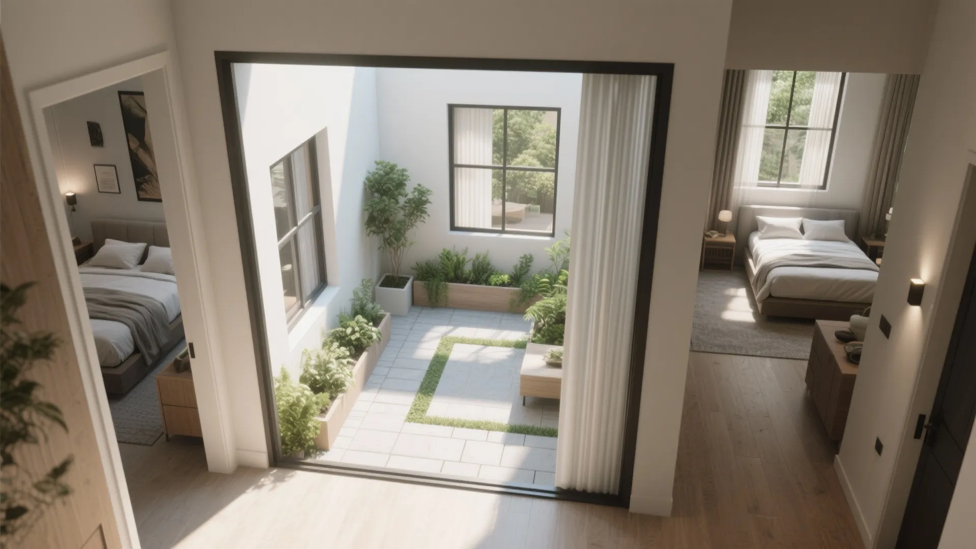 Small central courtyard visible from interior rooms with paving and planters, bringing daylight into surrounding bedrooms