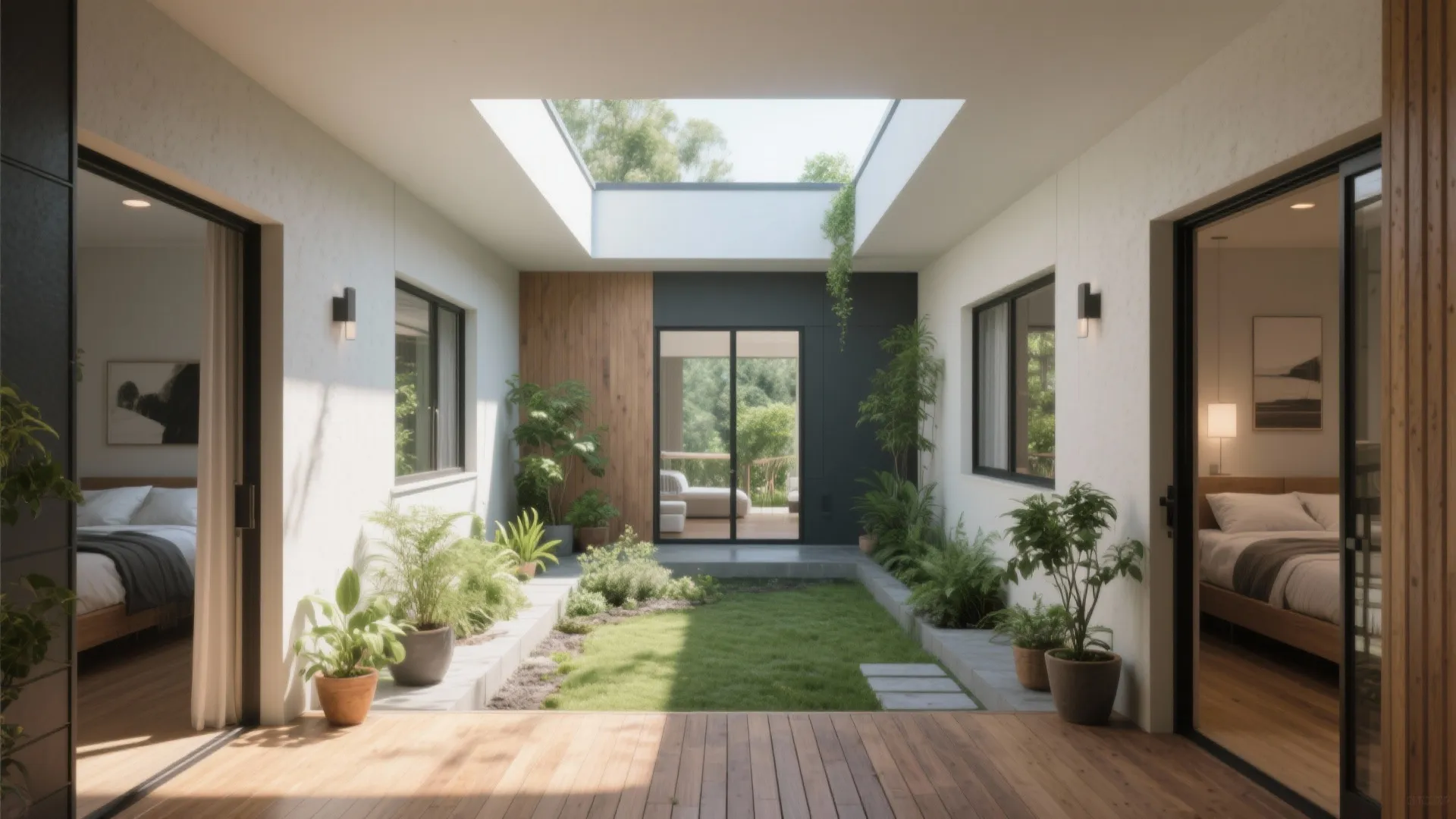 Central light courtyard surrounded by bedrooms, bringing daylight and privacy to a compact home.