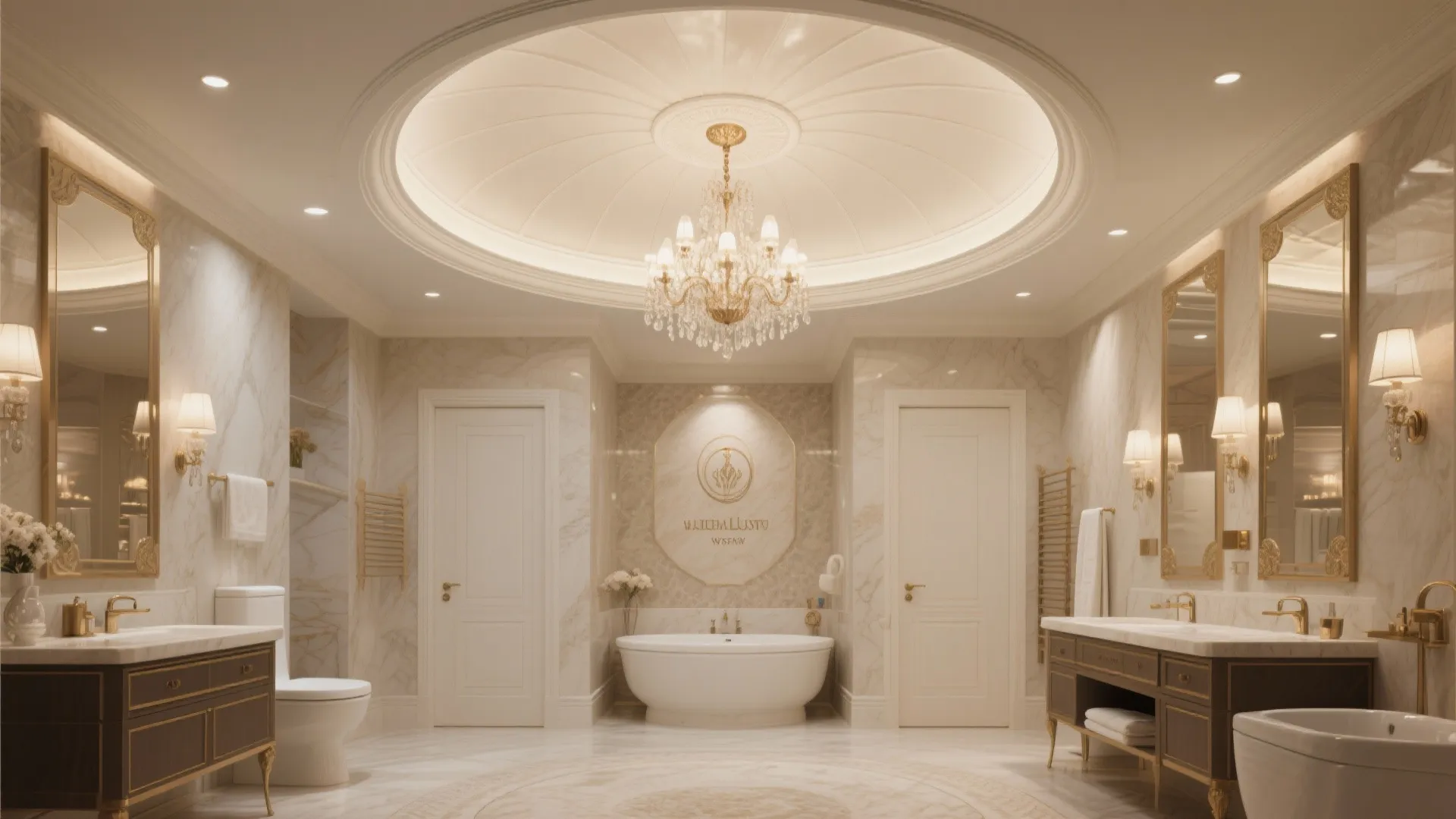 Luxury bathroom with marble walls, gold mirrors, white bathtub, ceiling light, and elegant furniture design