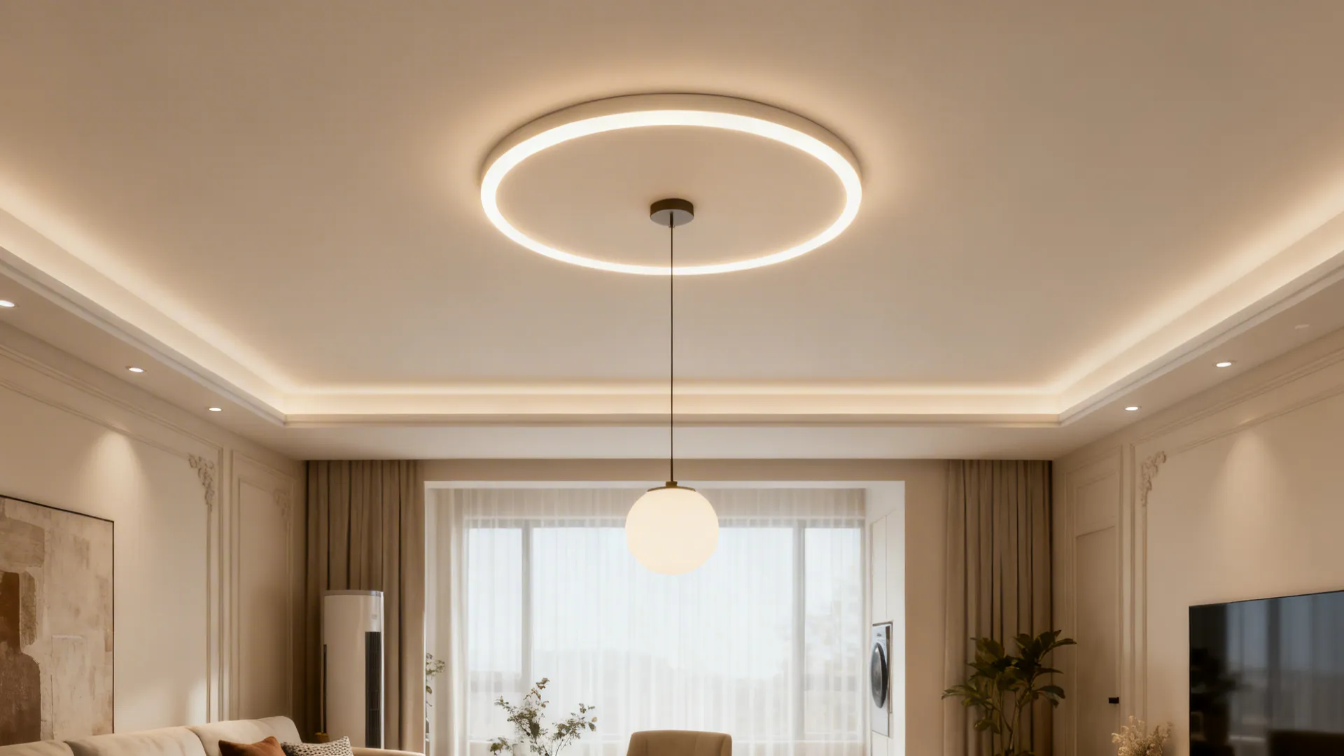 Shallow central POP dome with circular ring and a statement pendant light in a living room