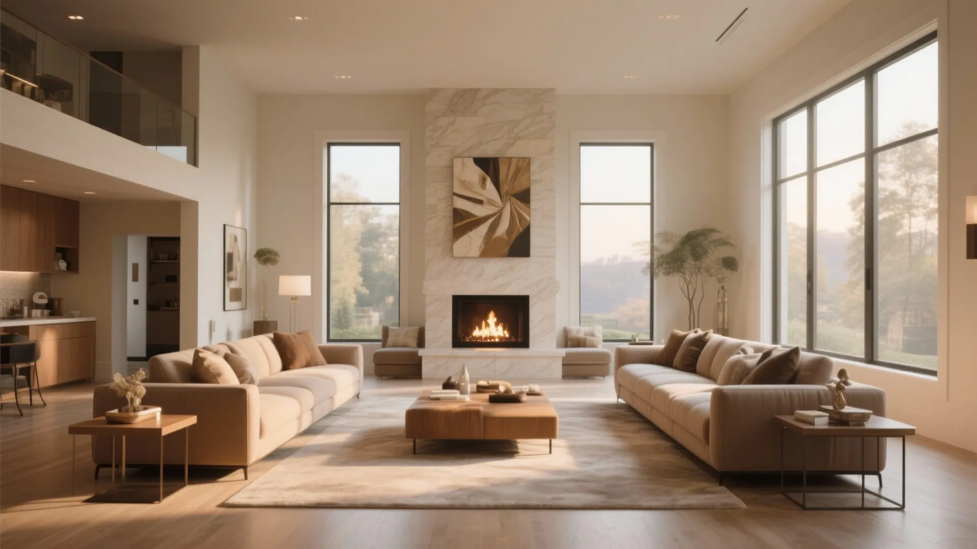 Modern high ceiling living room featuring a central marble fireplace and large floor to windows