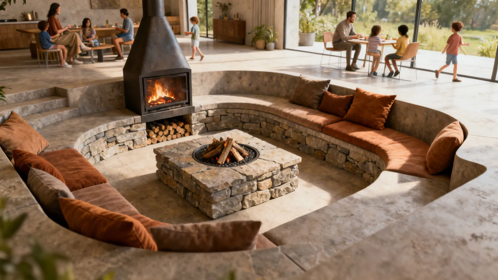 2. Central hearth with bench seating