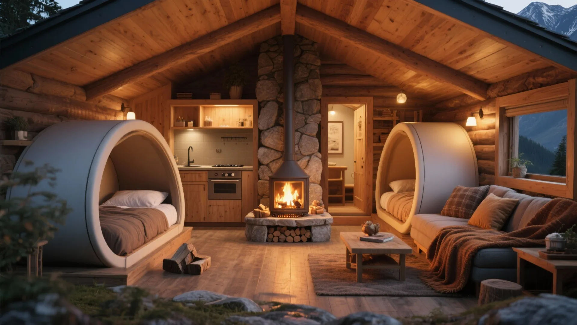 Cozy log cabin interior with stone fireplace two circular bed pods small kitchen and sofa
