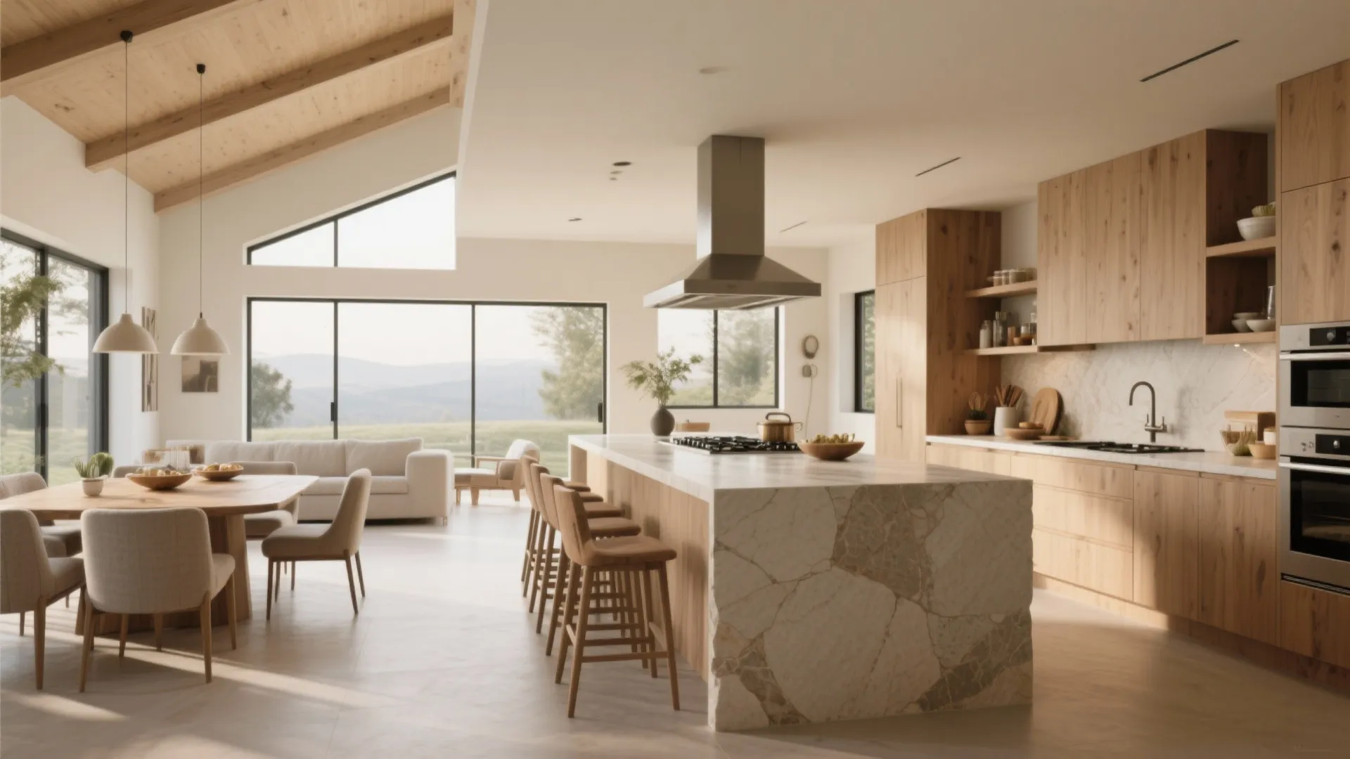 Modern kitchen with marble island wooden cabinets dining table sofa high ceiling and large windows