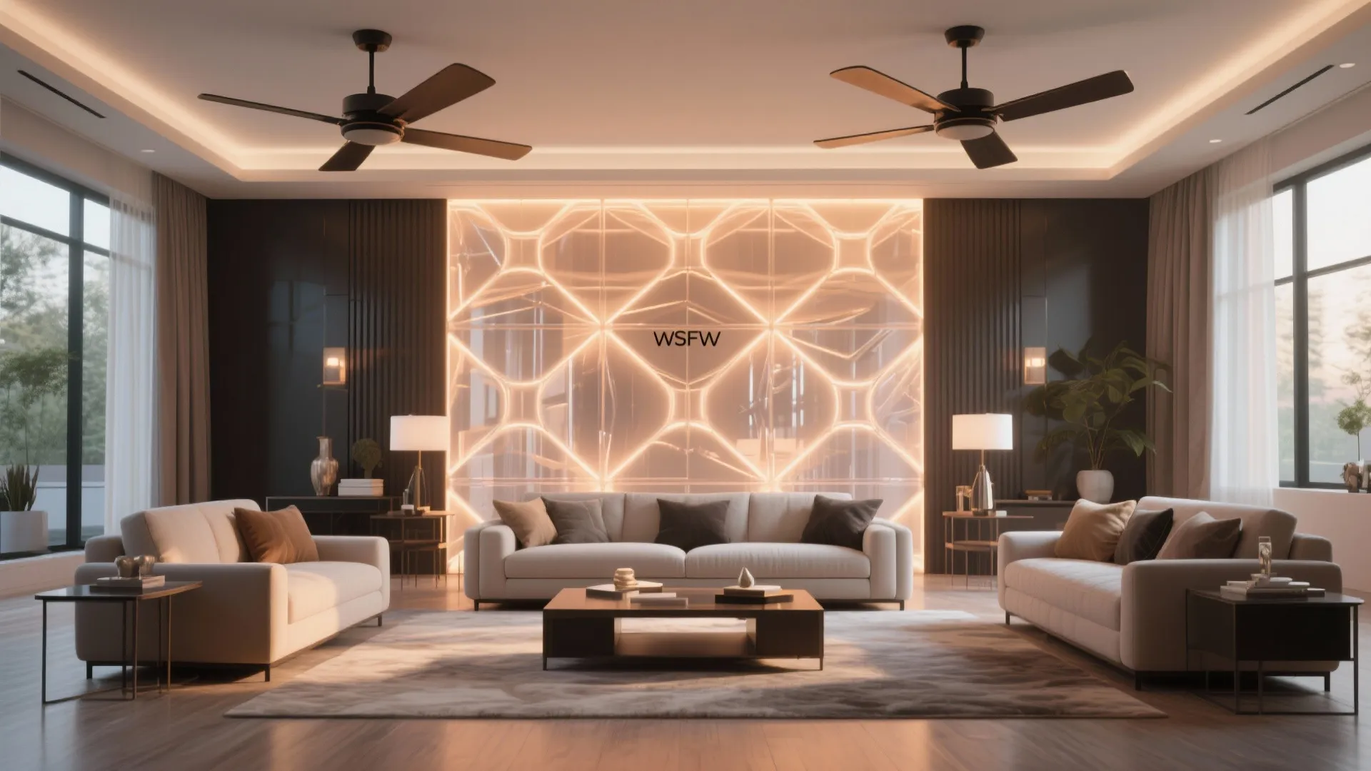 Modern living room with two ceiling fans white sofas and a glowing geometric wall panel