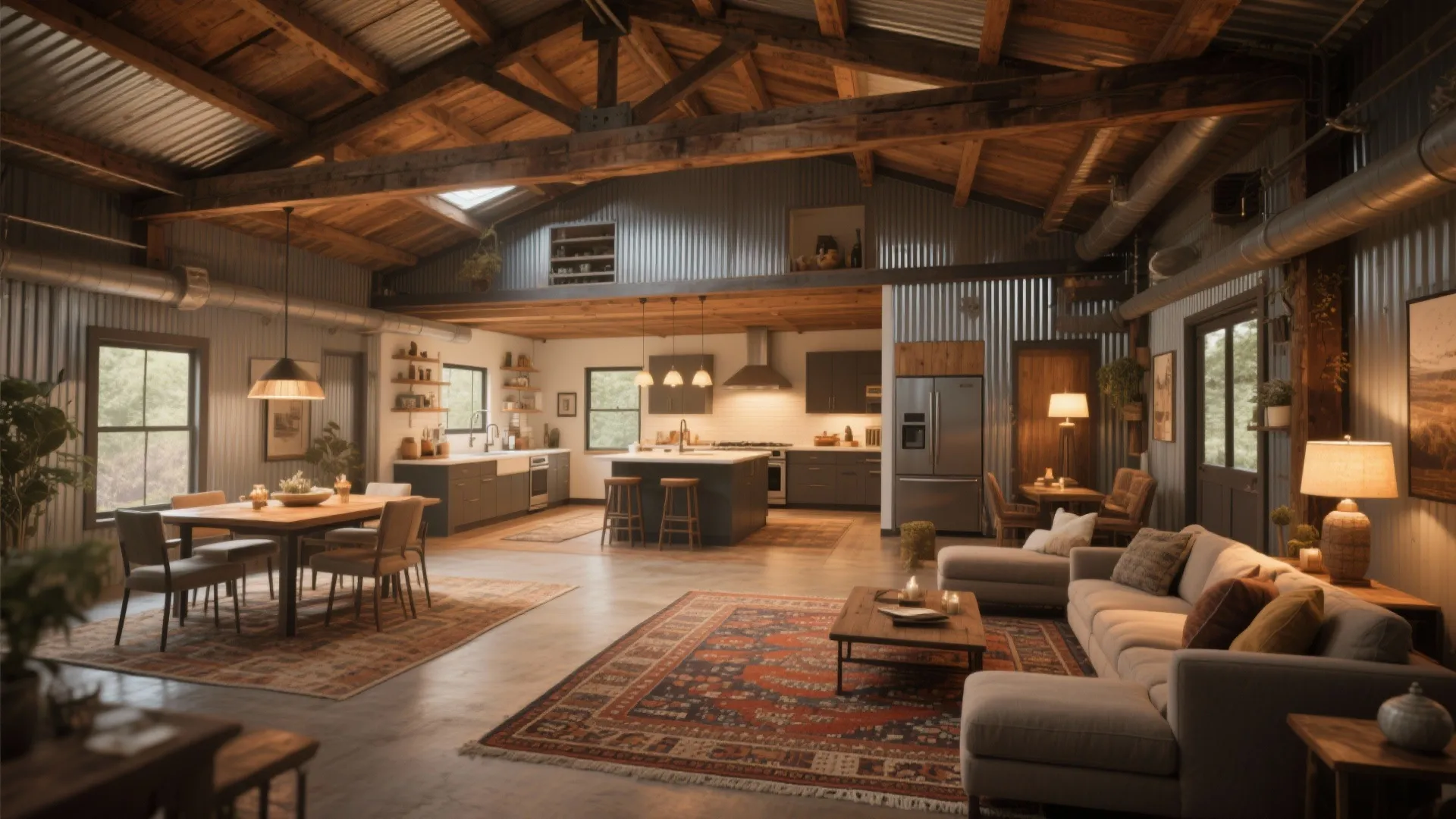 Industrial open plan living area with corrugated metal walls wooden beams kitchen island and sofa