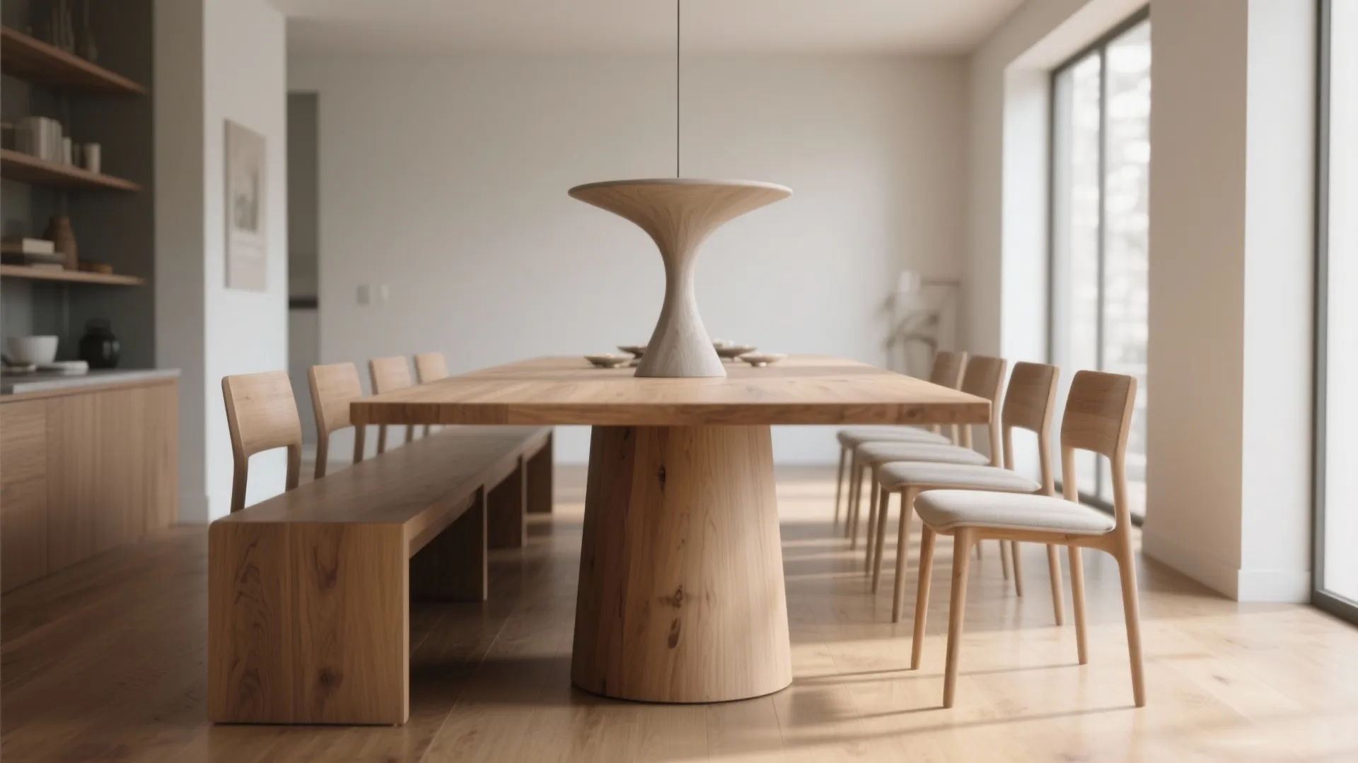Long wooden dining table with a large central base surrounded by chairs and a bench