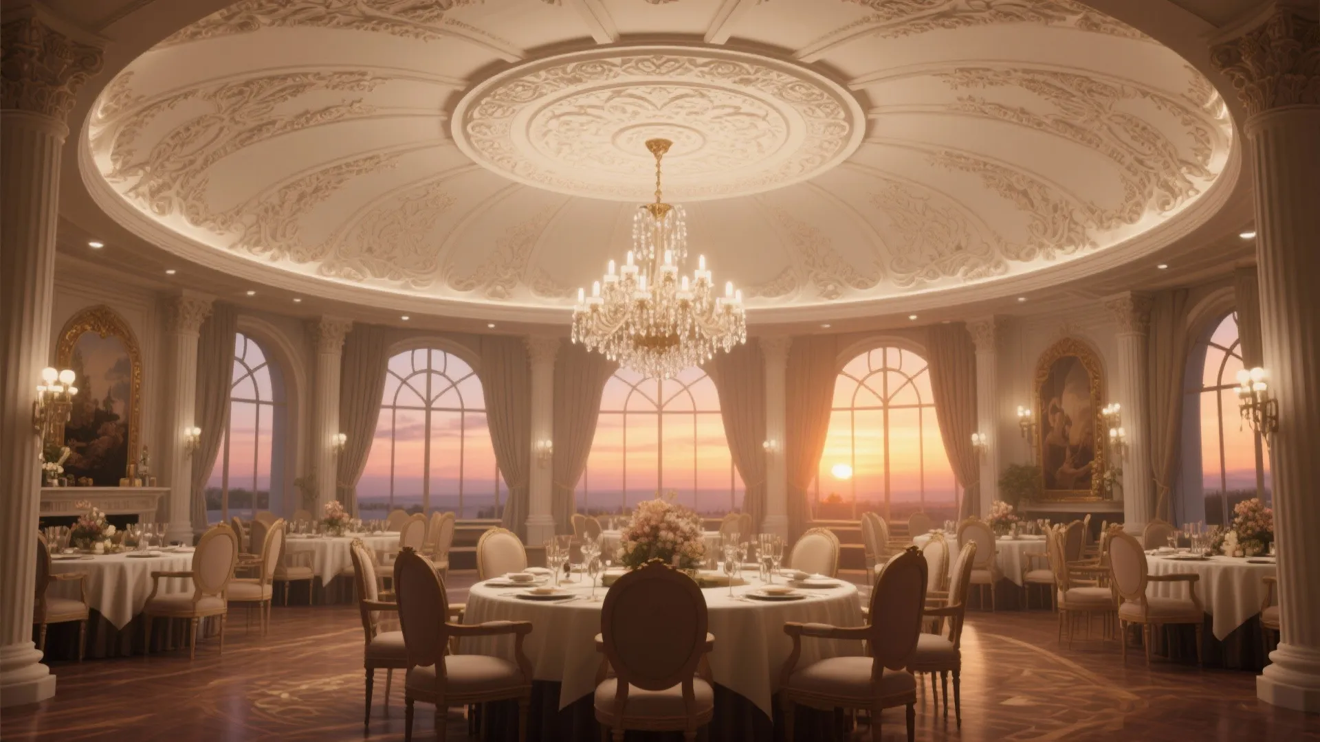 Elegant dining room with round tables and chairs under a large dome ceiling light fixture