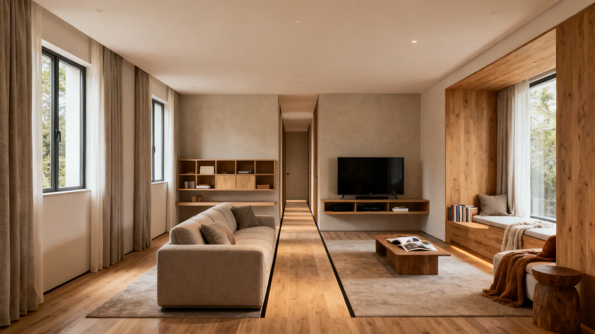 Central seating arrangement with a sofa floating and slim storage behind in a long living room, creating two functional ends.