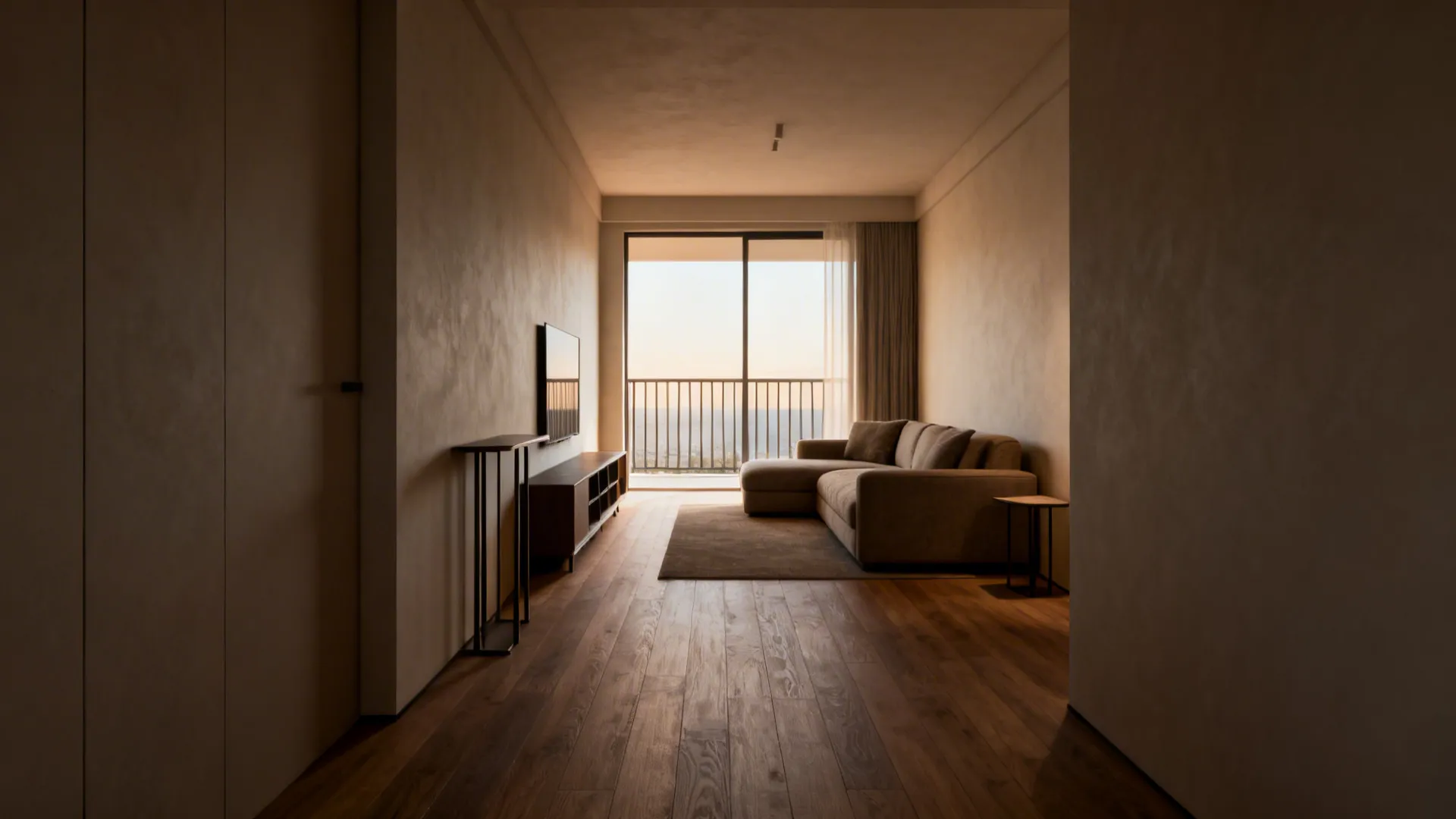 Central sofa in a long narrow living room with a clear side walkway and low media unit