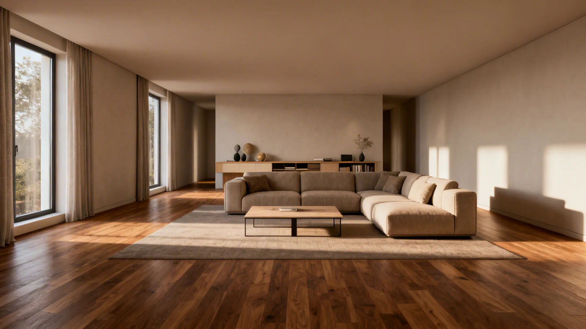 Large living room with beige sofa, wooden coffee table, rug, wood floors, and bright sunlight