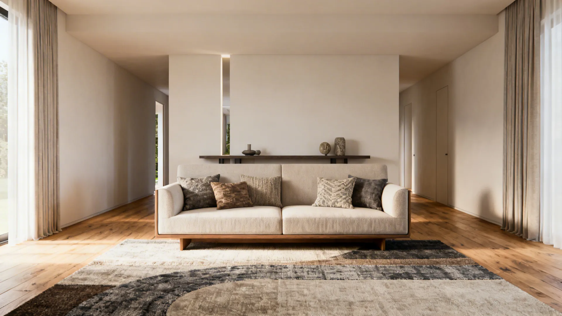 Central low-back sofa with slim console behind it creating a clear pathway in a long living room.