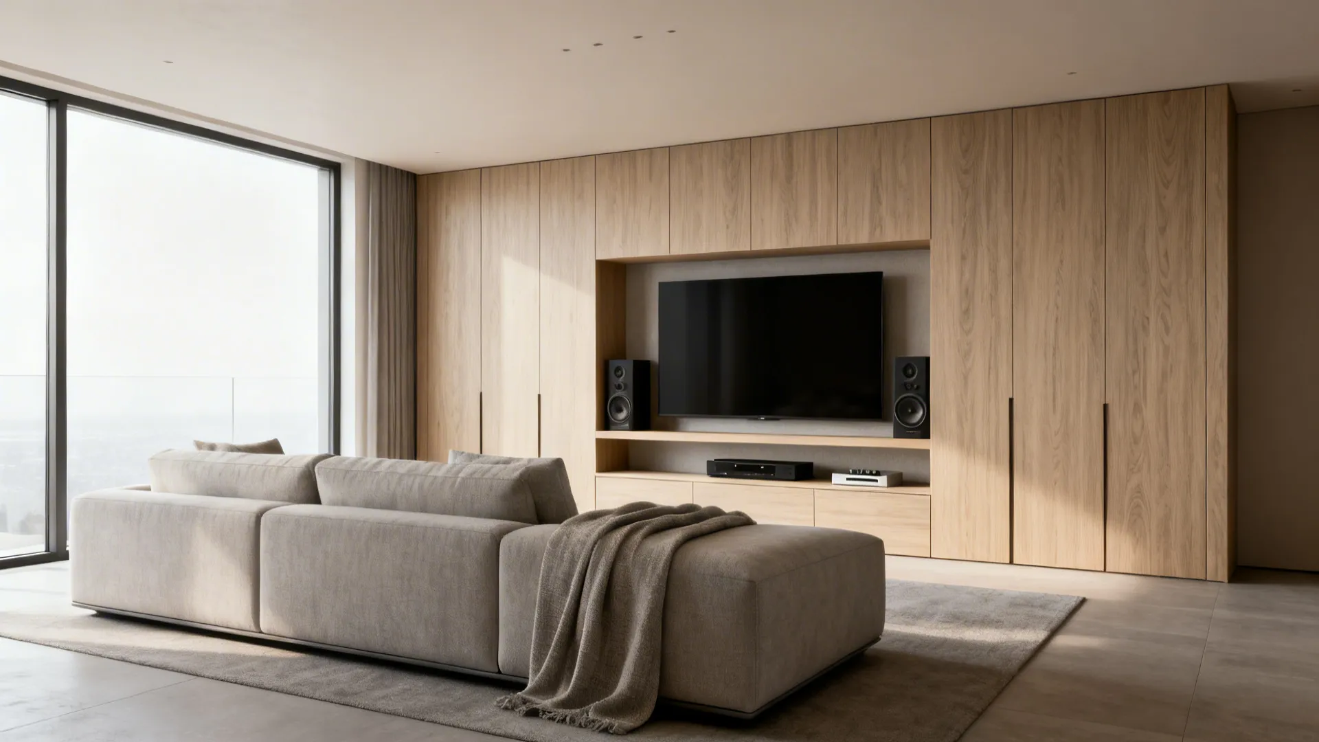 1. Central sofa, recessed TV wall