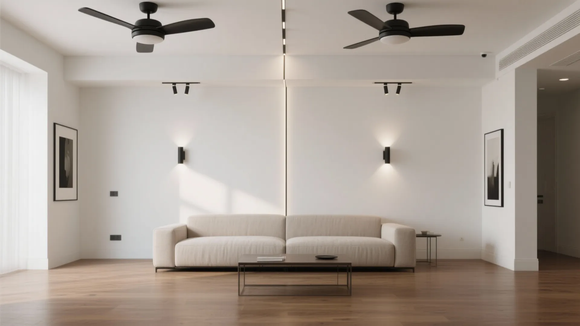 Central spine with compact dual fans and spotlighting