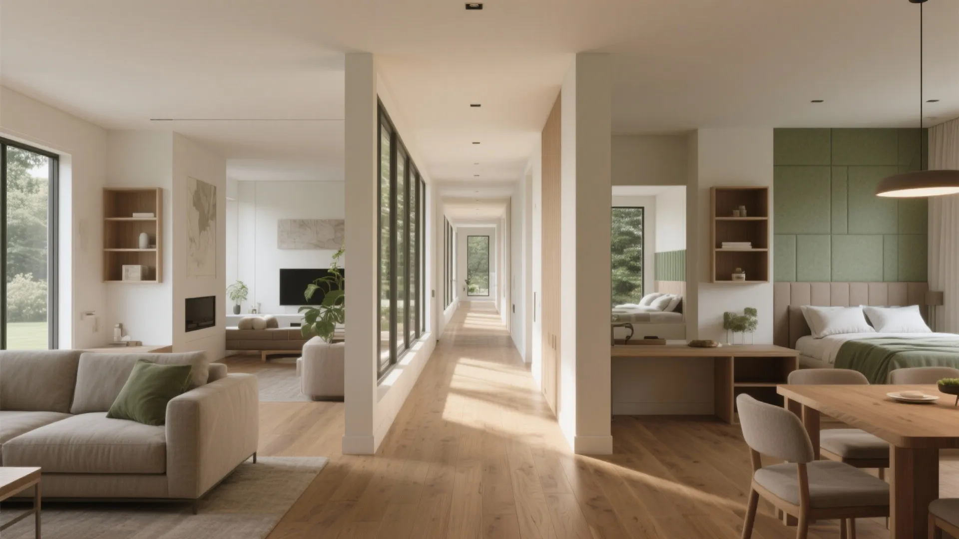 1. Long-and-slim plan with central living spine