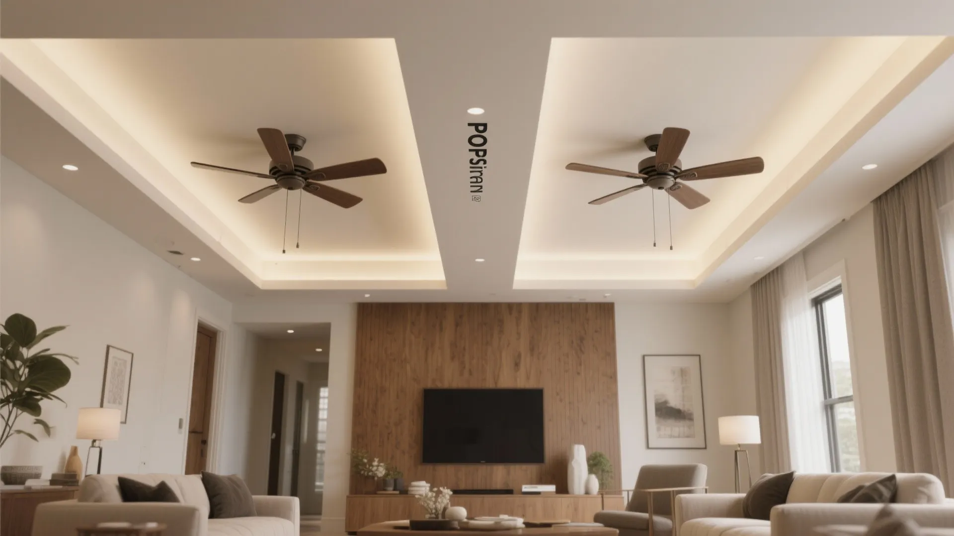 Modern living room with recessed ceiling lights two wooden fans and a wood accent wall