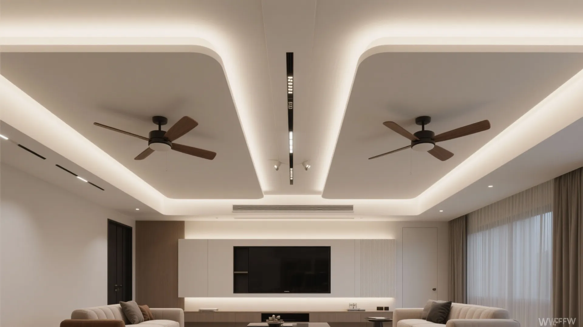 Modern living room showing symmetrical ceiling design with two fans hidden lights and television unit