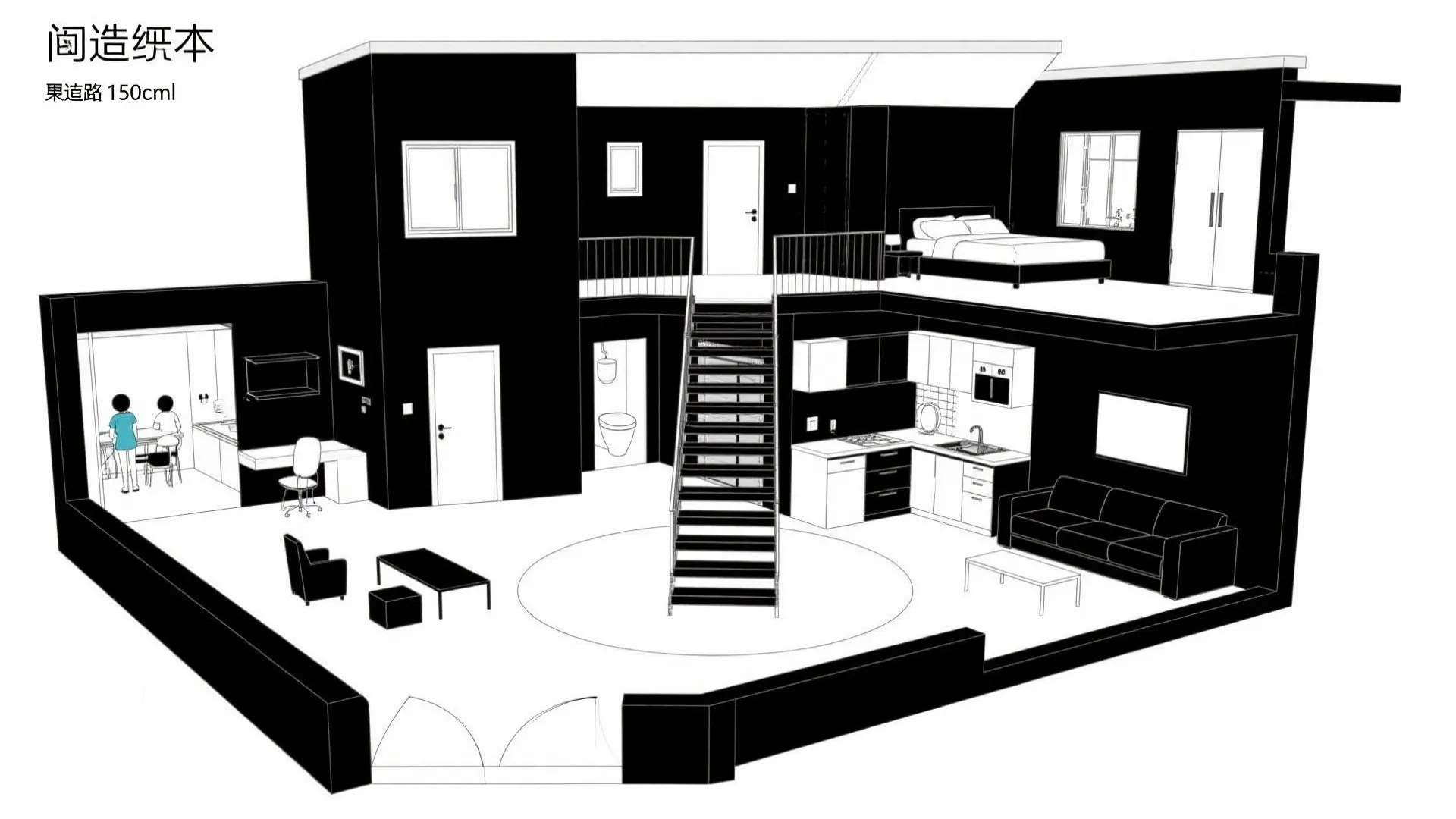 Top-down floor plan with centrally located stair and ring circulation