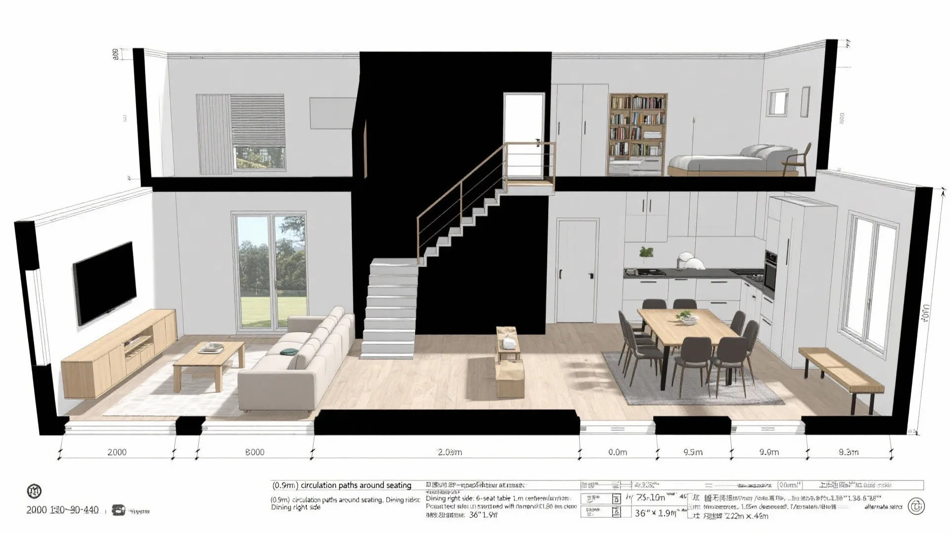 Orthographic floor plan with a central stair organizing living and dining loops