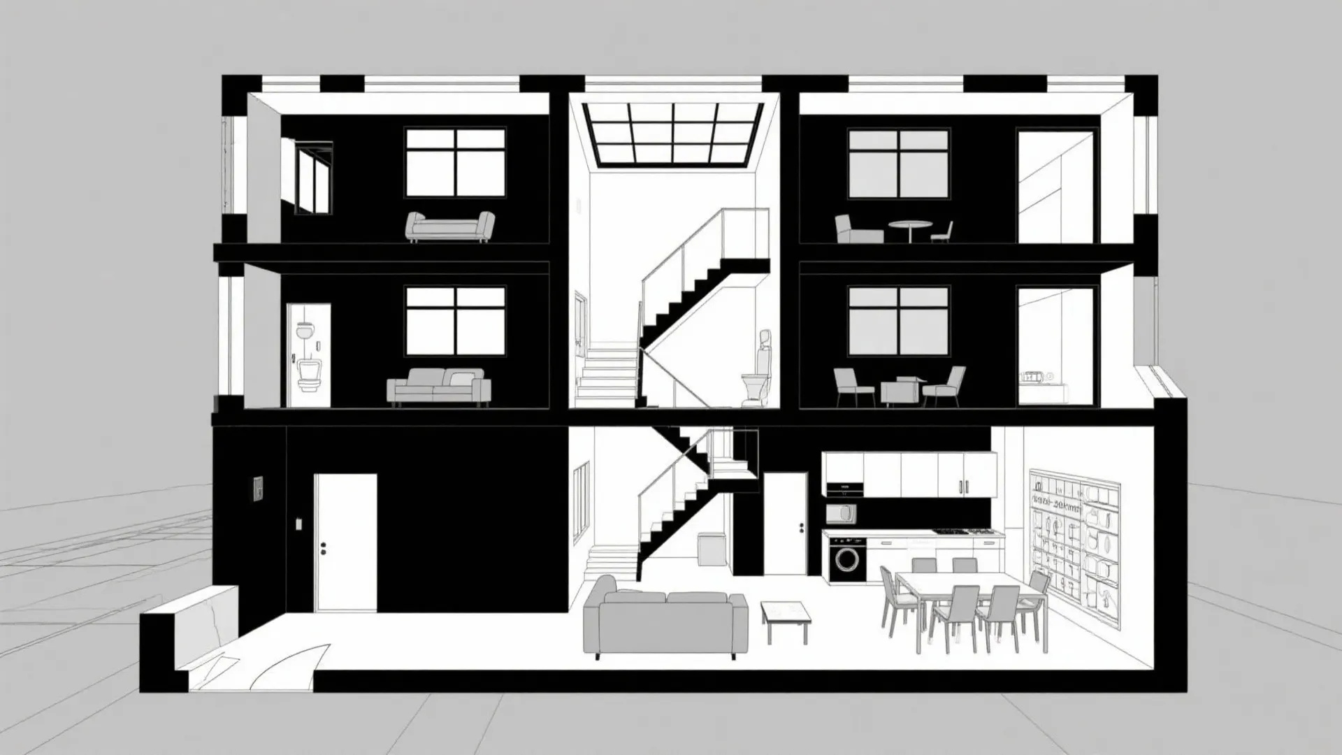 Top-down CAD plan centered on a stair hub with zoned living and ringed bedrooms