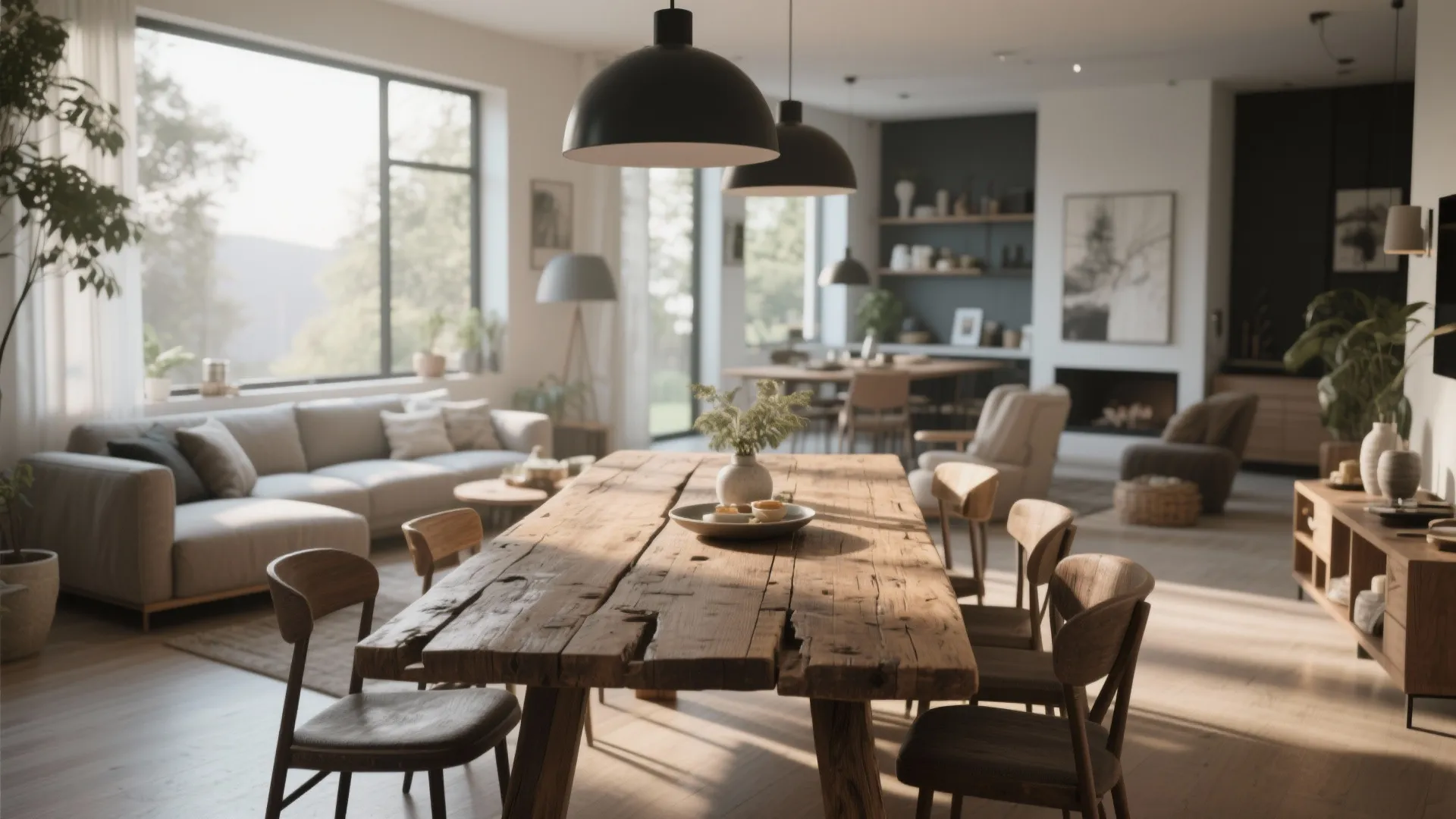 Shared space anchored by a reclaimed wooden dining table