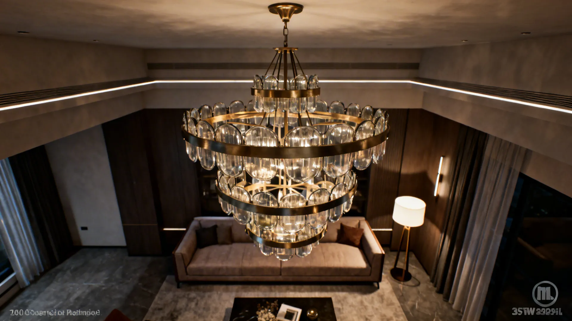 Living room showing a central glass-and-metal statement chandelier above the seating area for visual anchoring.