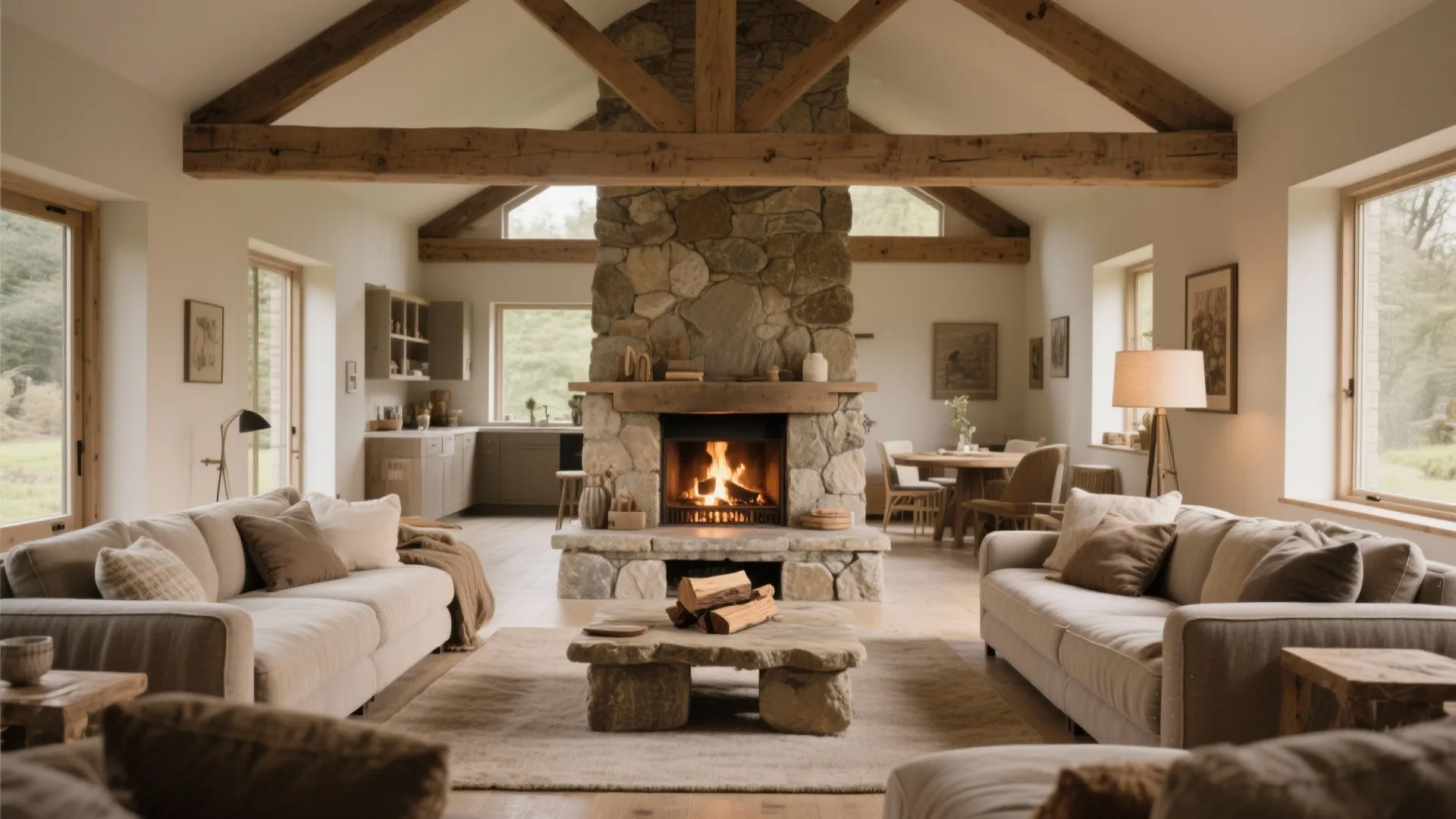Open plan living room featuring stone fireplace wooden ceiling beams neutral sofas and large glass windows
