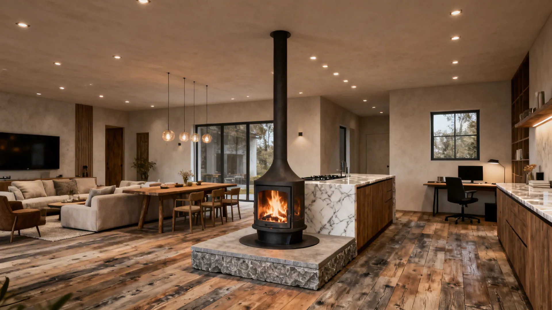 Multi-use room with a central island wood-burning stove connecting living, dining and work areas.