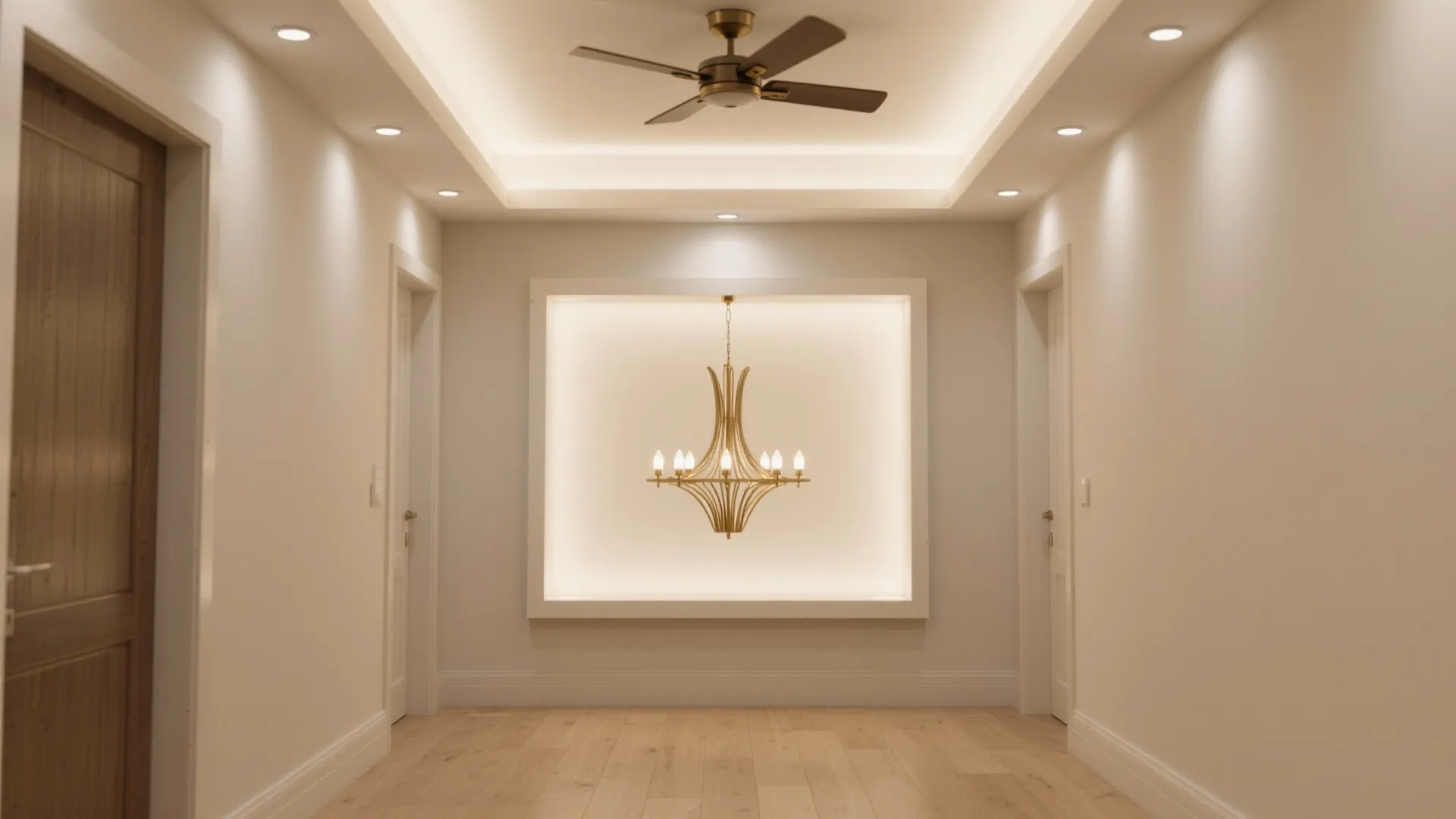 Hall with shallow POP central tray and statement chandelier, complemented by perimeter downlights.