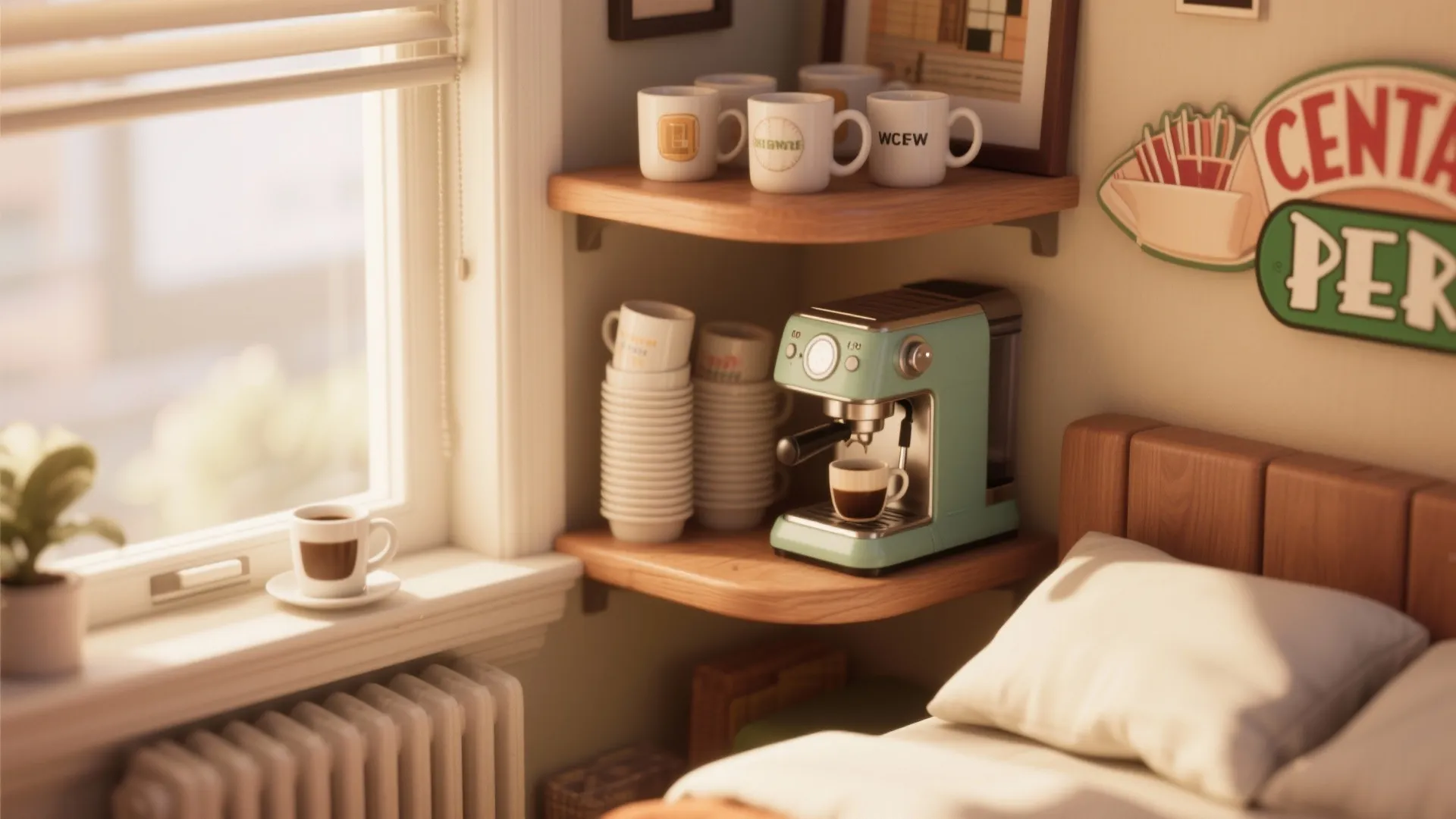 Compact Central Perk-inspired coffee nook in a bedroom corner