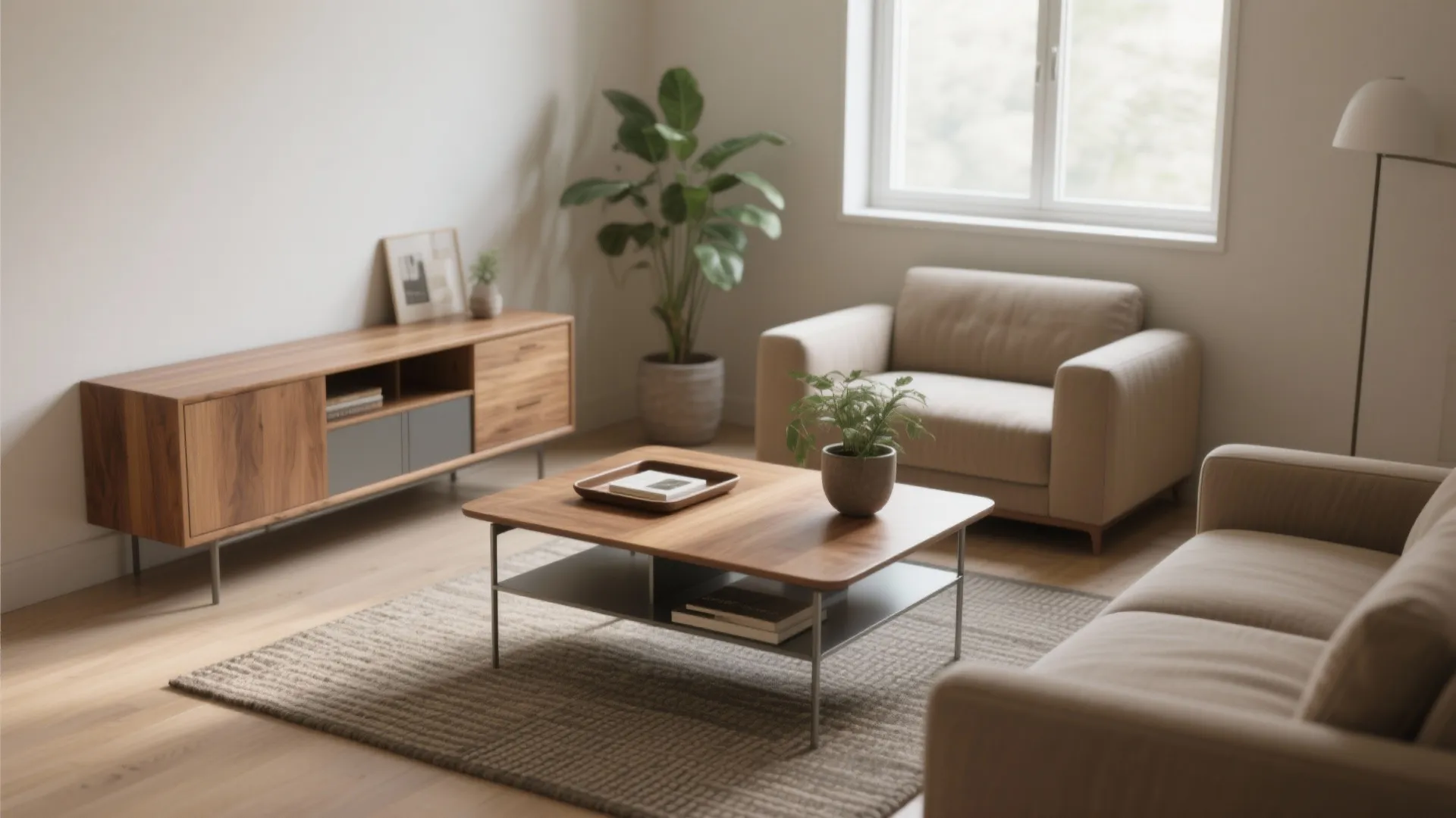 Minimalist living room with wooden coffee table on rug beige sofa and large green plant