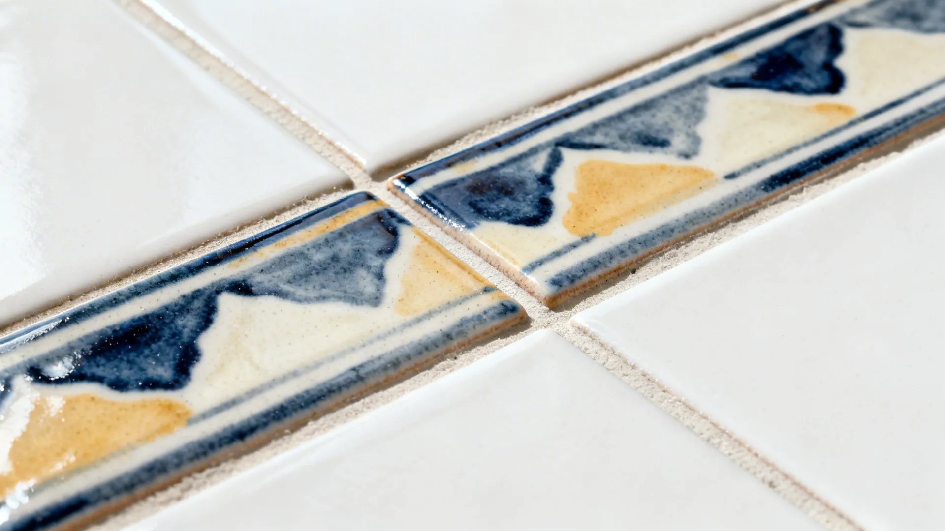 Close-up of hand-painted ceramic accent tiles transitioning to plain white tiles.