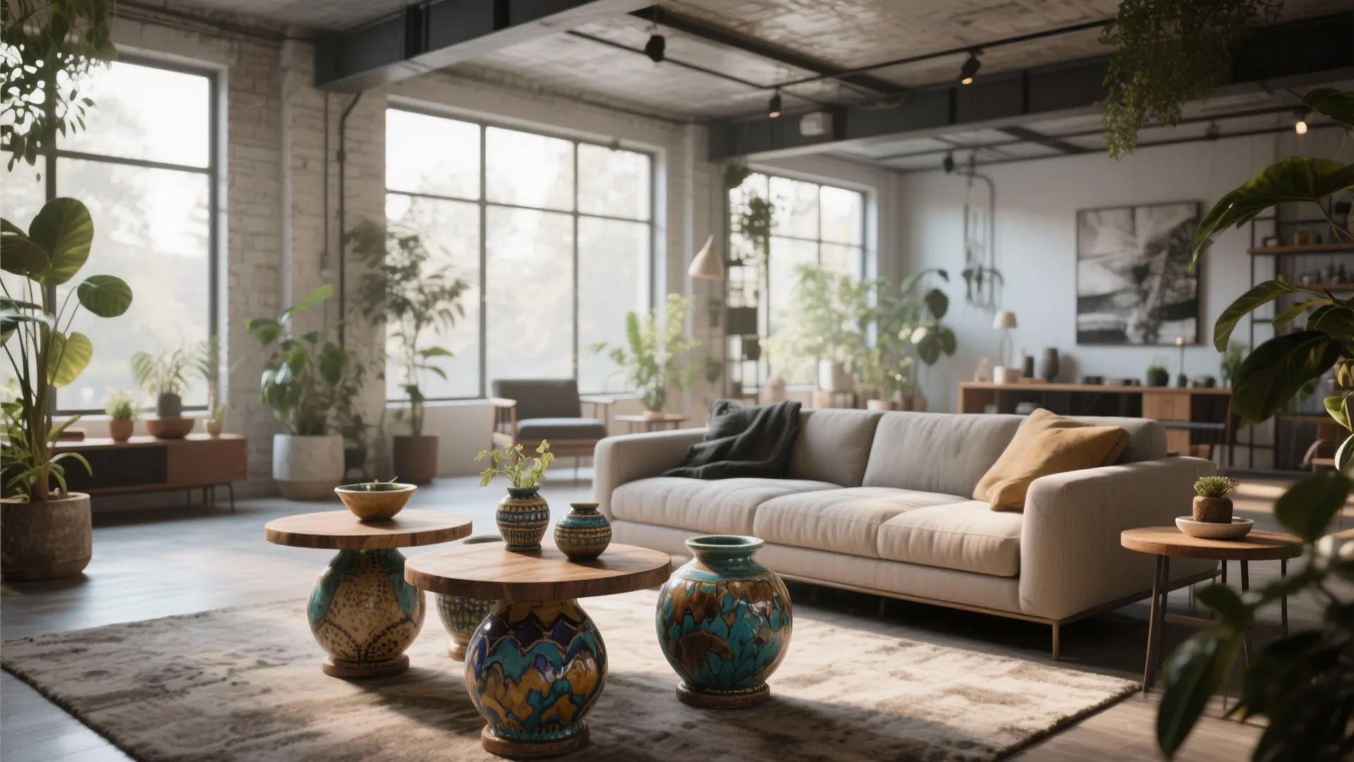 Hand-glazed ceramic accent tables in a loft living room