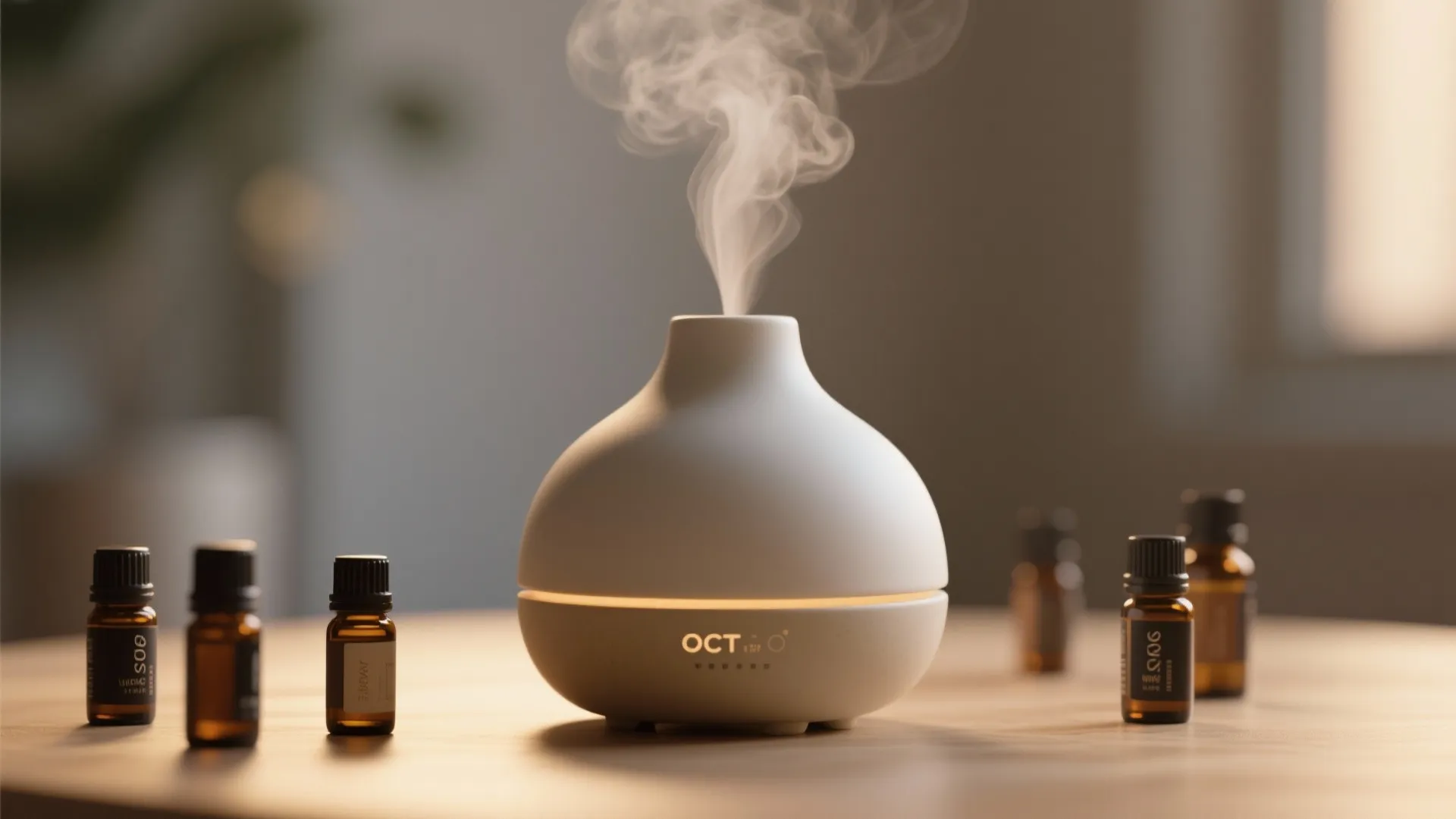 White ceramic aroma diffuser releasing steam with essential oil bottles on a wooden table surface
