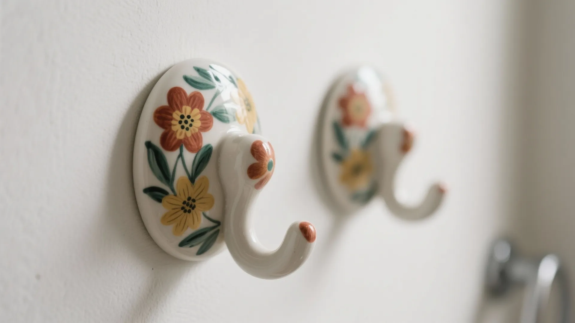 Hand-painted ceramic towel hooks with floral design in bathroom