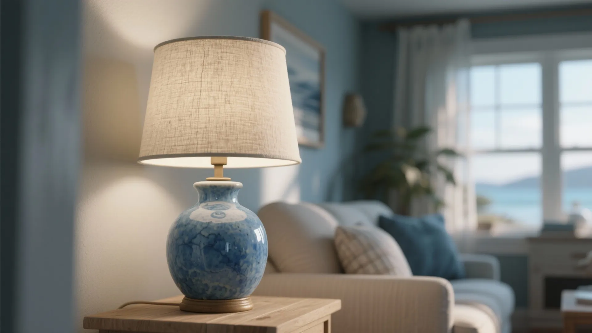 Blue ceramic table lamp with white pattern on wood side table in cozy coastal room