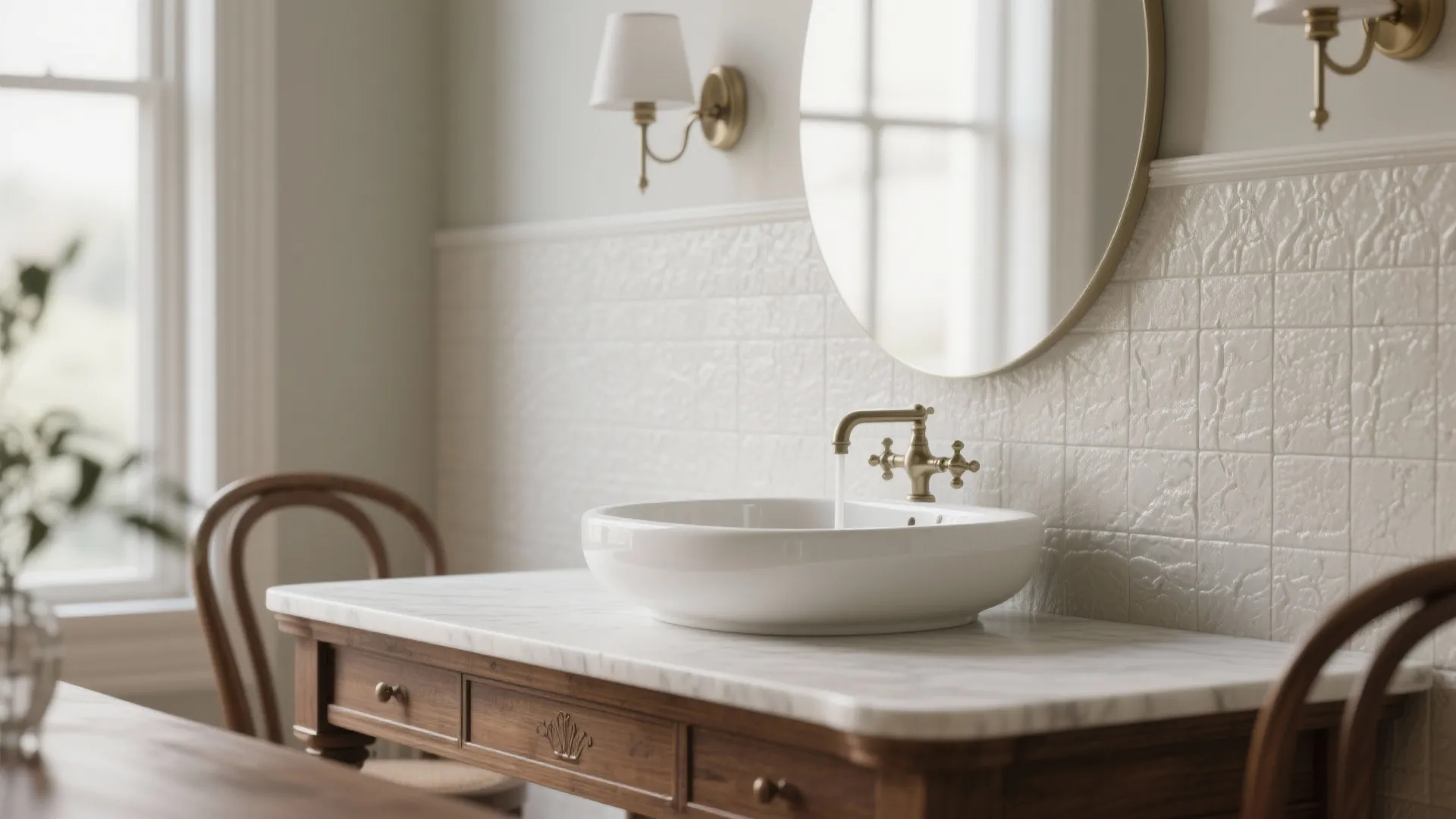White ceramic sink on a wooden cabinet with marble top round mirror and white tiles