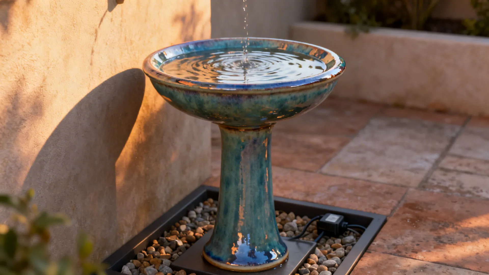 Glazed ceramic basin on a pedestal functioning as a small water feature on a patio, with visible glossy glaze and a gravel sump.