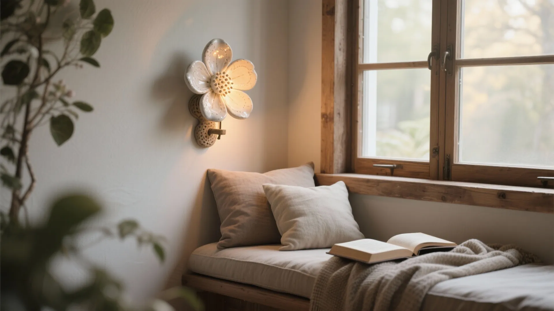 Cozy reading nook with flower wall light white pillows open book and wooden window frame