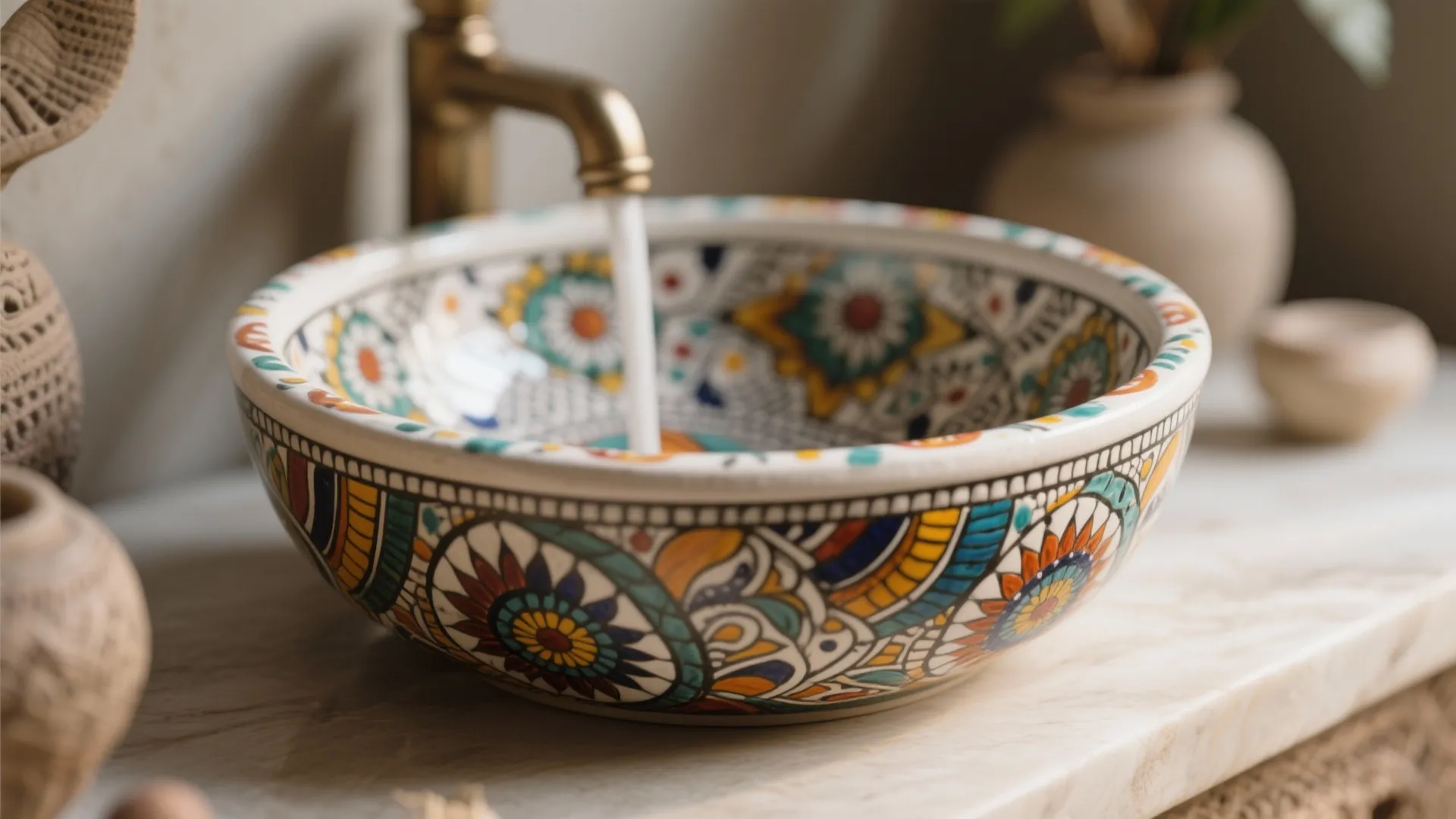 Close-up of hand-painted ceramic bowl wash basin