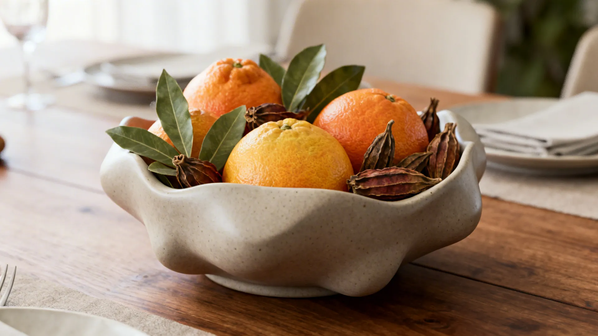 Close-up of a matte ceramic bowl filled with citrus and bay leaves as a seasonal centerpiece