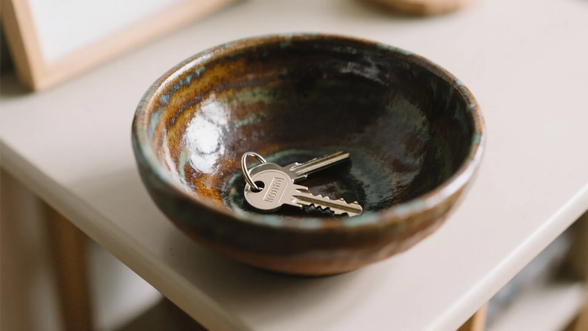 Handmade ceramic bowl containing metal house keys placed on a beige side table in sunlight