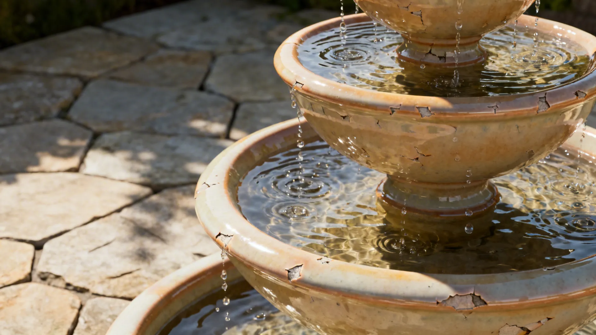 Three-tier glazed ceramic bowl fountain with gentle water trickle and detailed glaze texture.