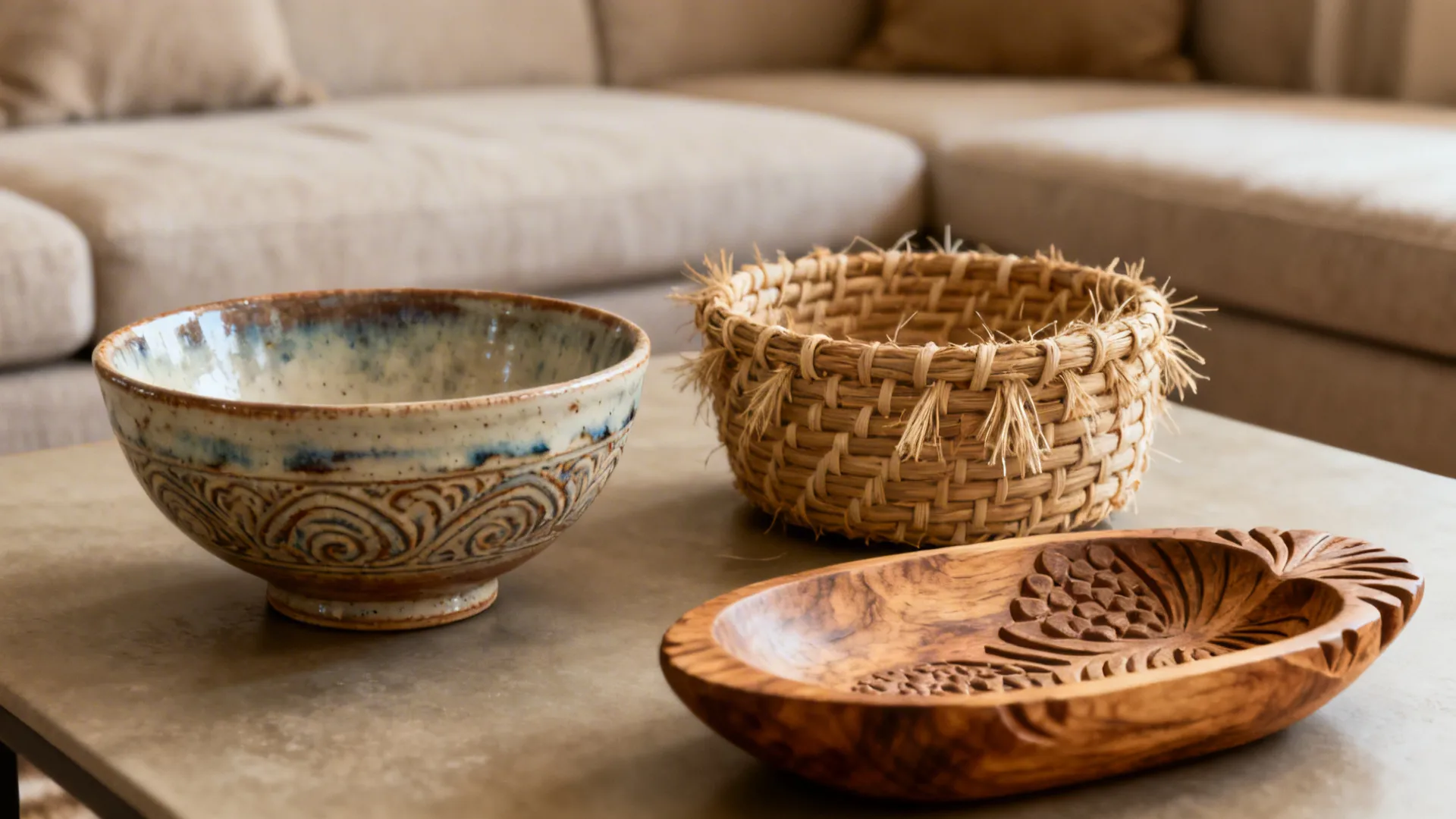 Ceramic bowl with pattern woven basket and carved wooden bowl on a modern coffee table