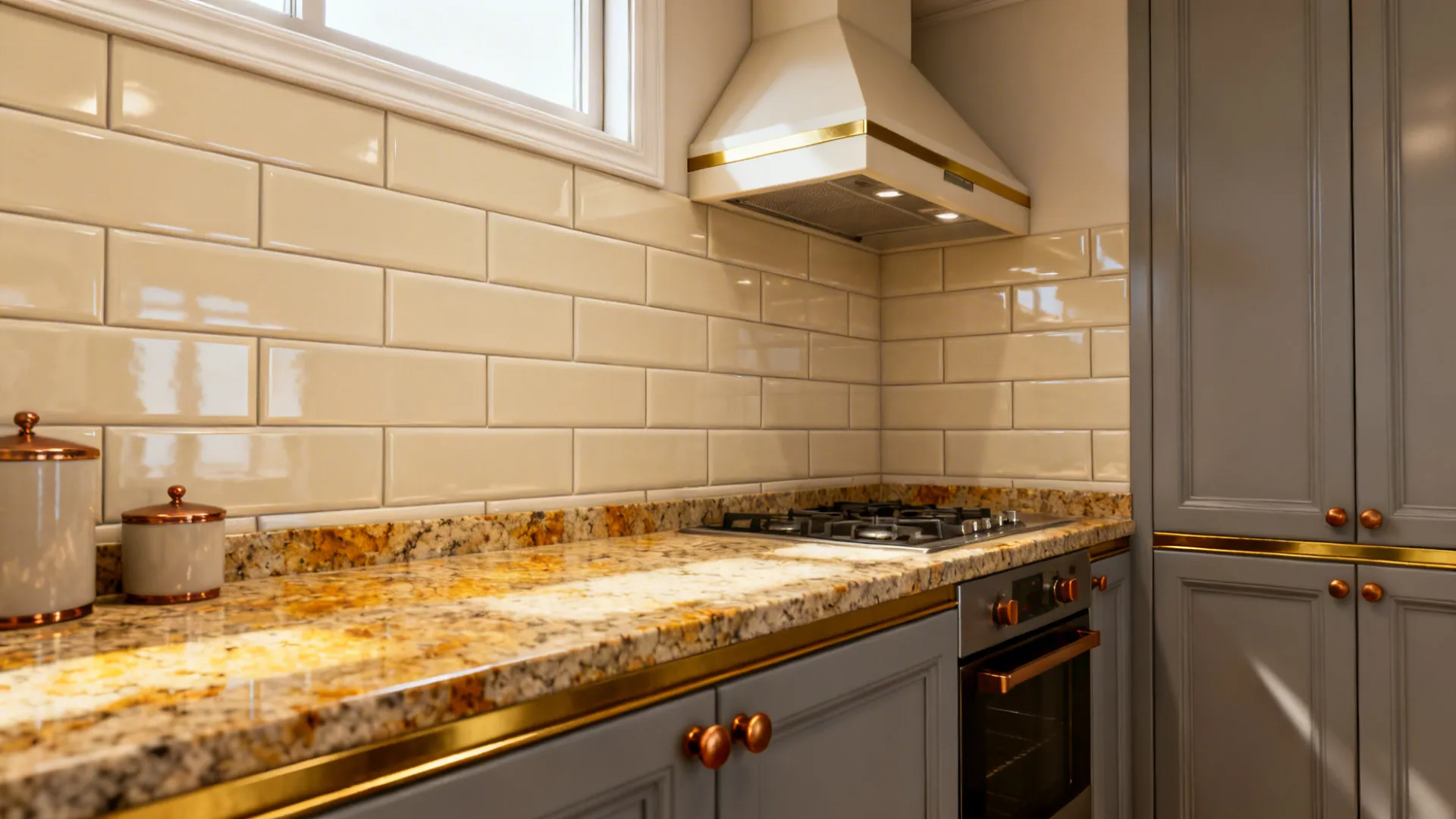 Compact kitchenette with creamy ceramic tile and a slender brass inlay above warm-flecked granite.